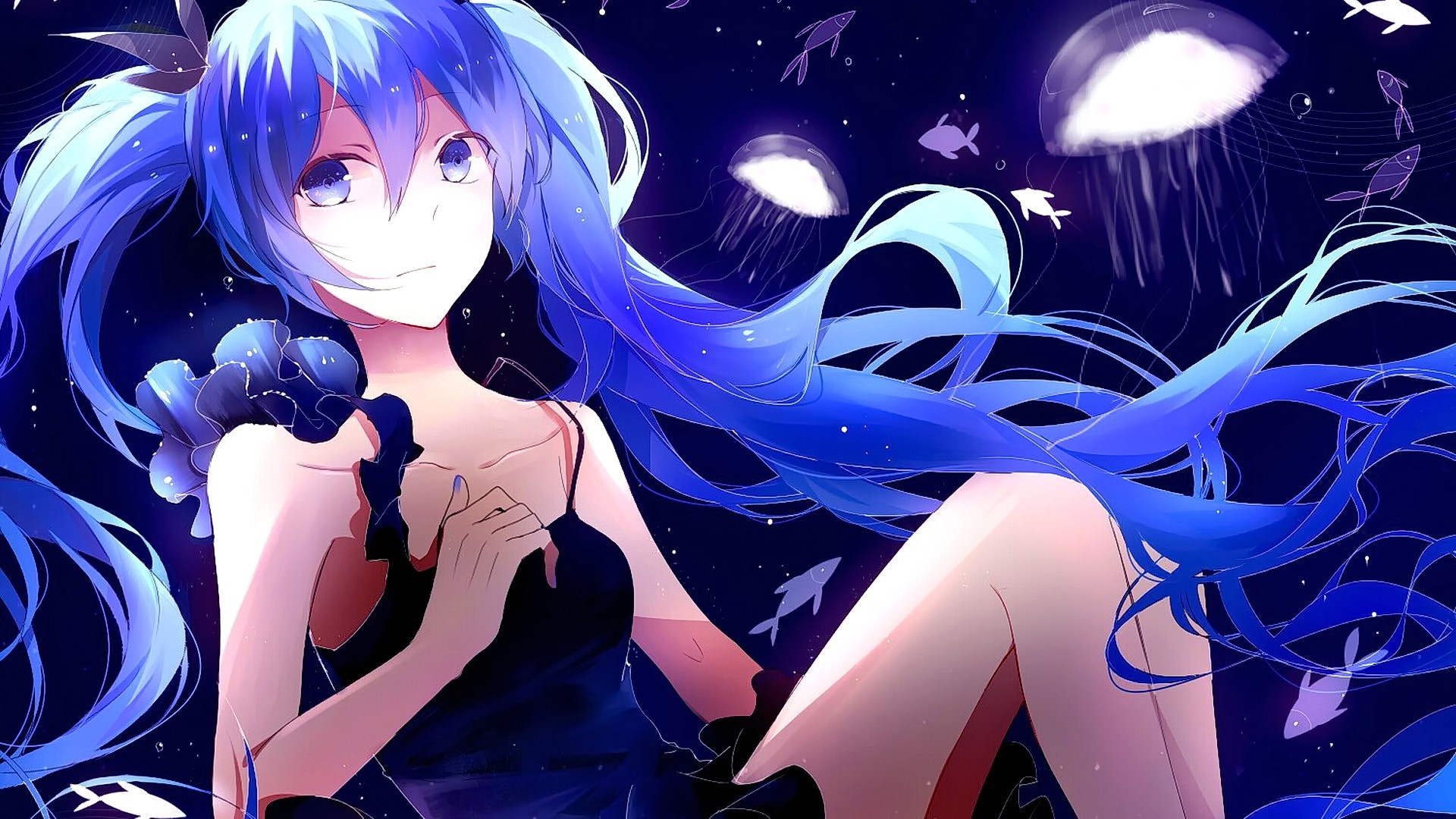 Anime girl with blue hair and dress underwater HD Wallpaper