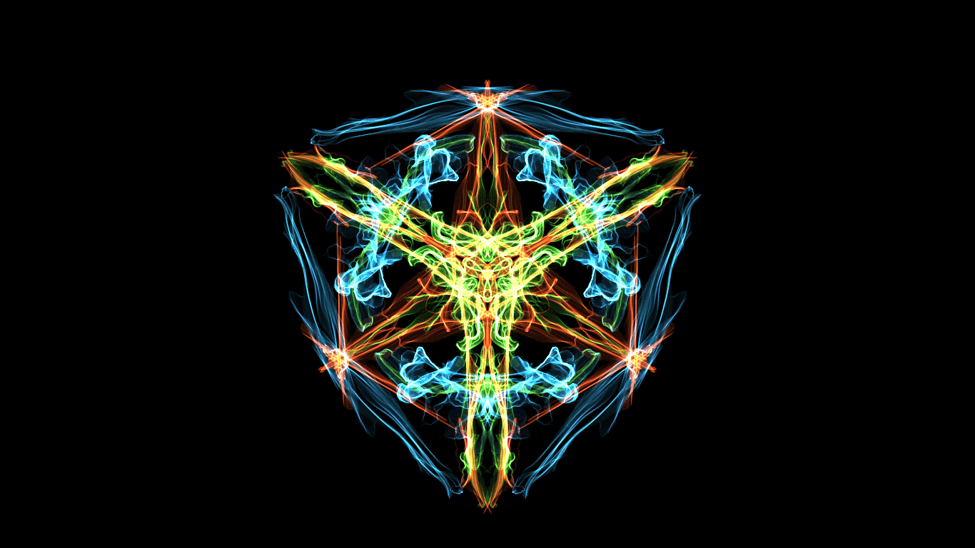 Symmetrical fractal art pattern with blue, orange, and green light HD Wallpaper