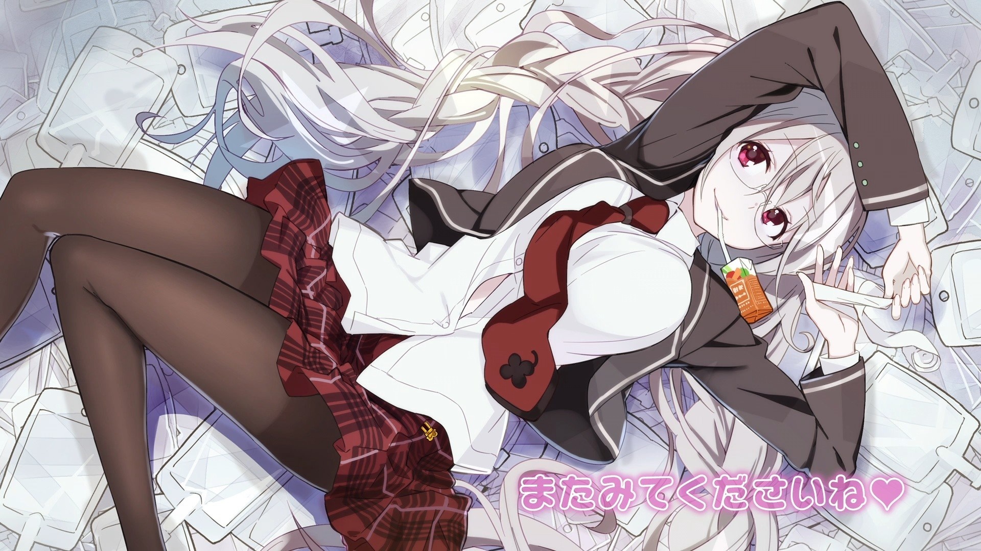 Anime girl with white hair drinking juice HD Wallpaper
