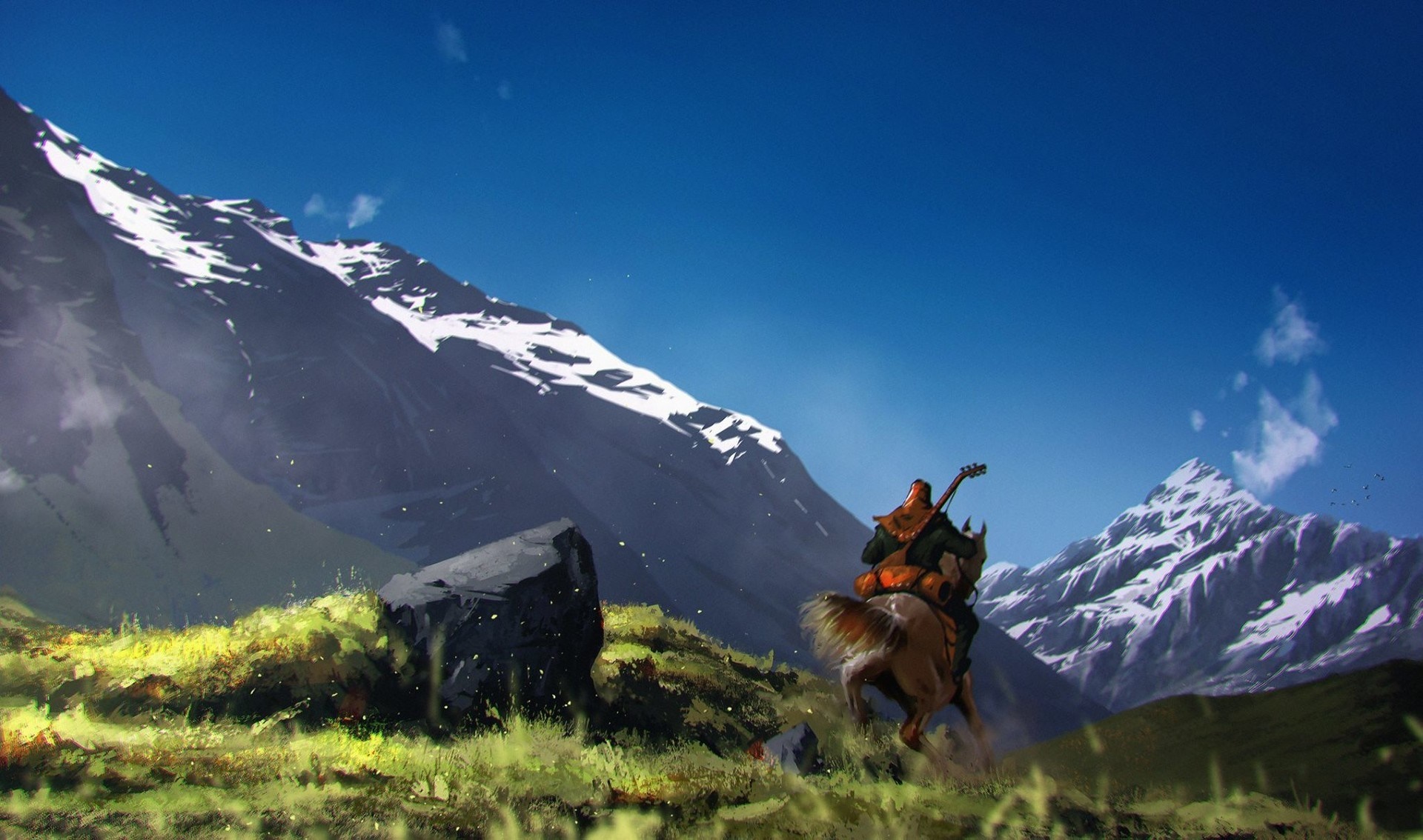 Man playing guitar on horseback in mountains HD Wallpaper