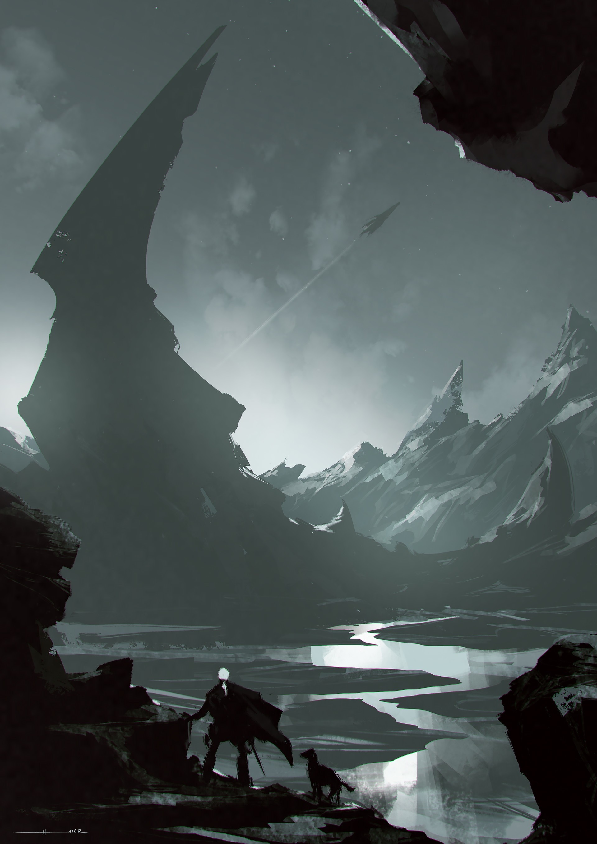 Digital painting of a desolate alien landscape with spacecraft HD Wallpaper