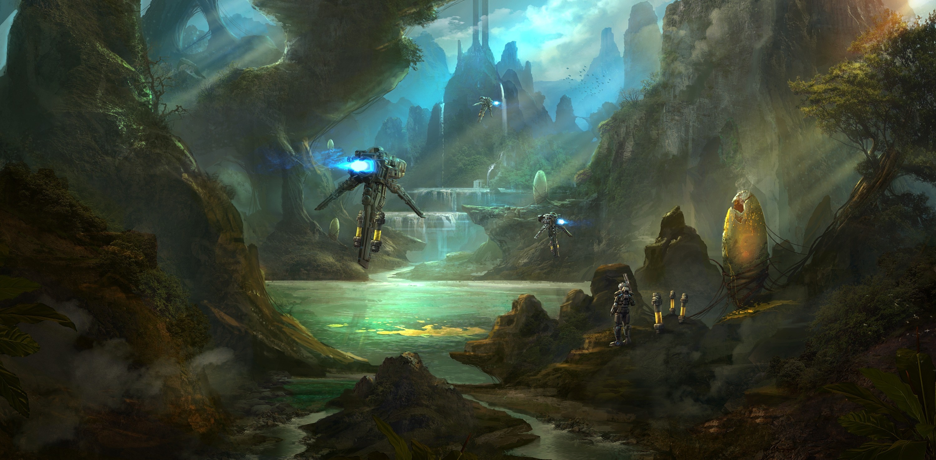 Sci-fi explorers in a fantasy jungle with waterfalls HD Wallpaper