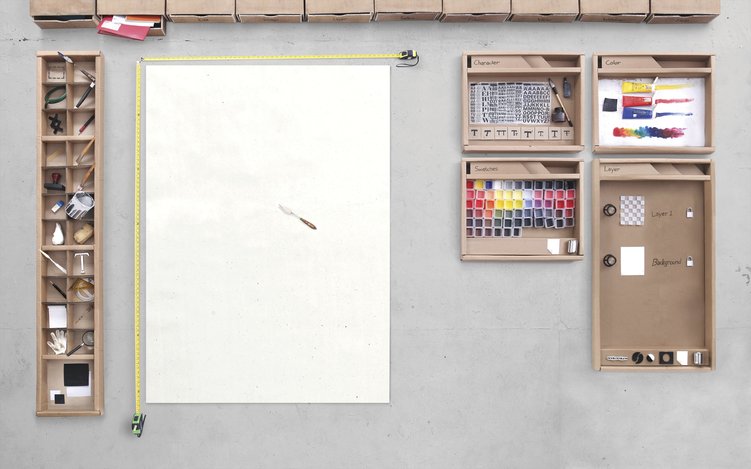 Art studio setup with drawing supplies and tools HD Wallpaper