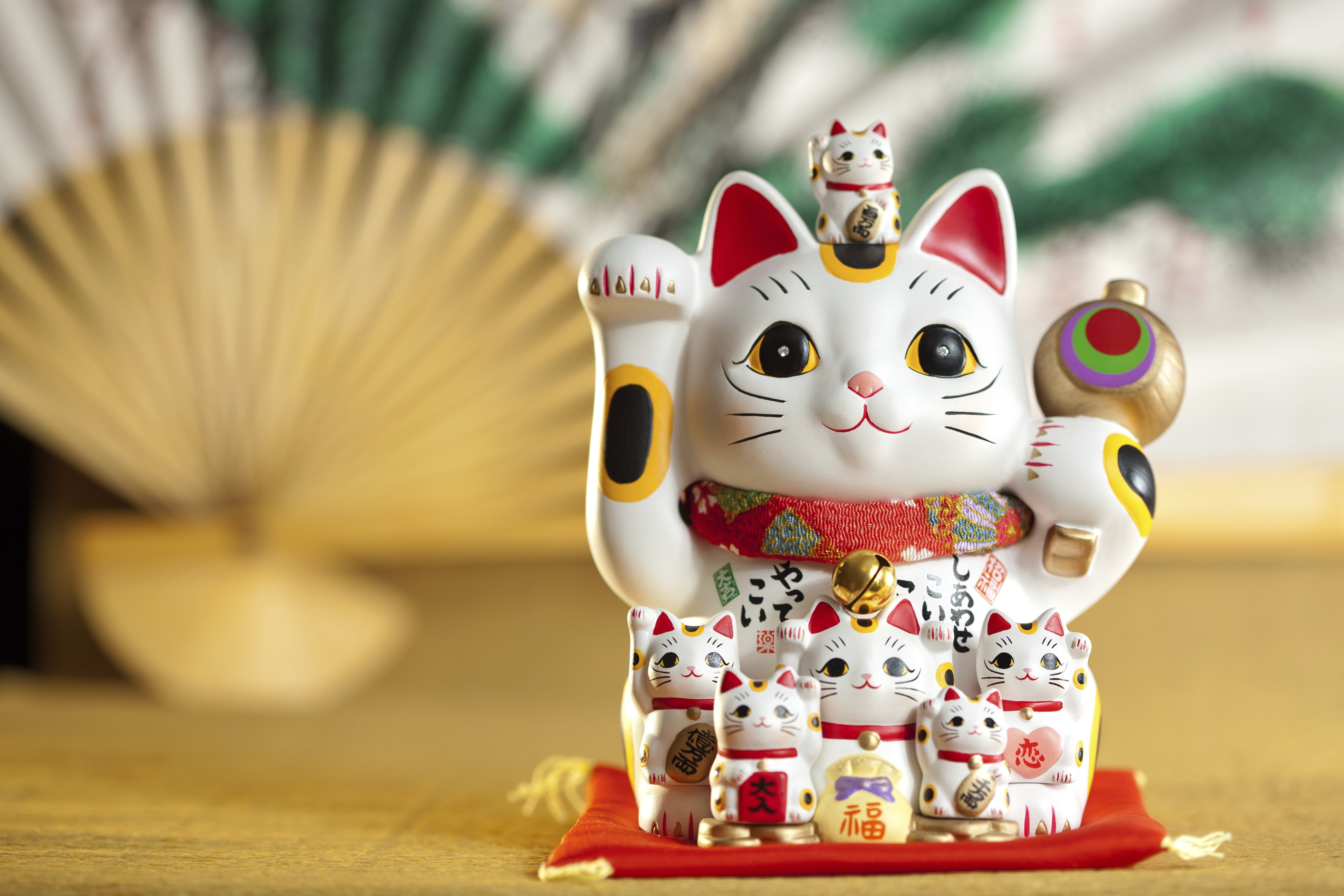 Maneki-neko cat statues with fan HD Wallpaper
