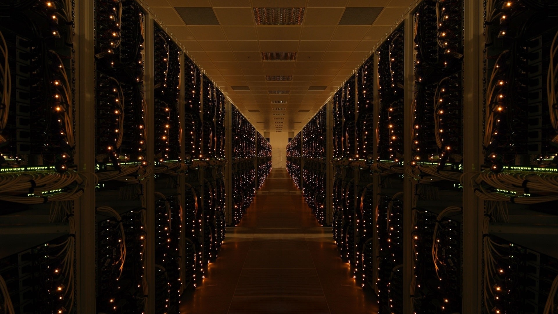 Server room with rows of illuminated racks HD Wallpaper
