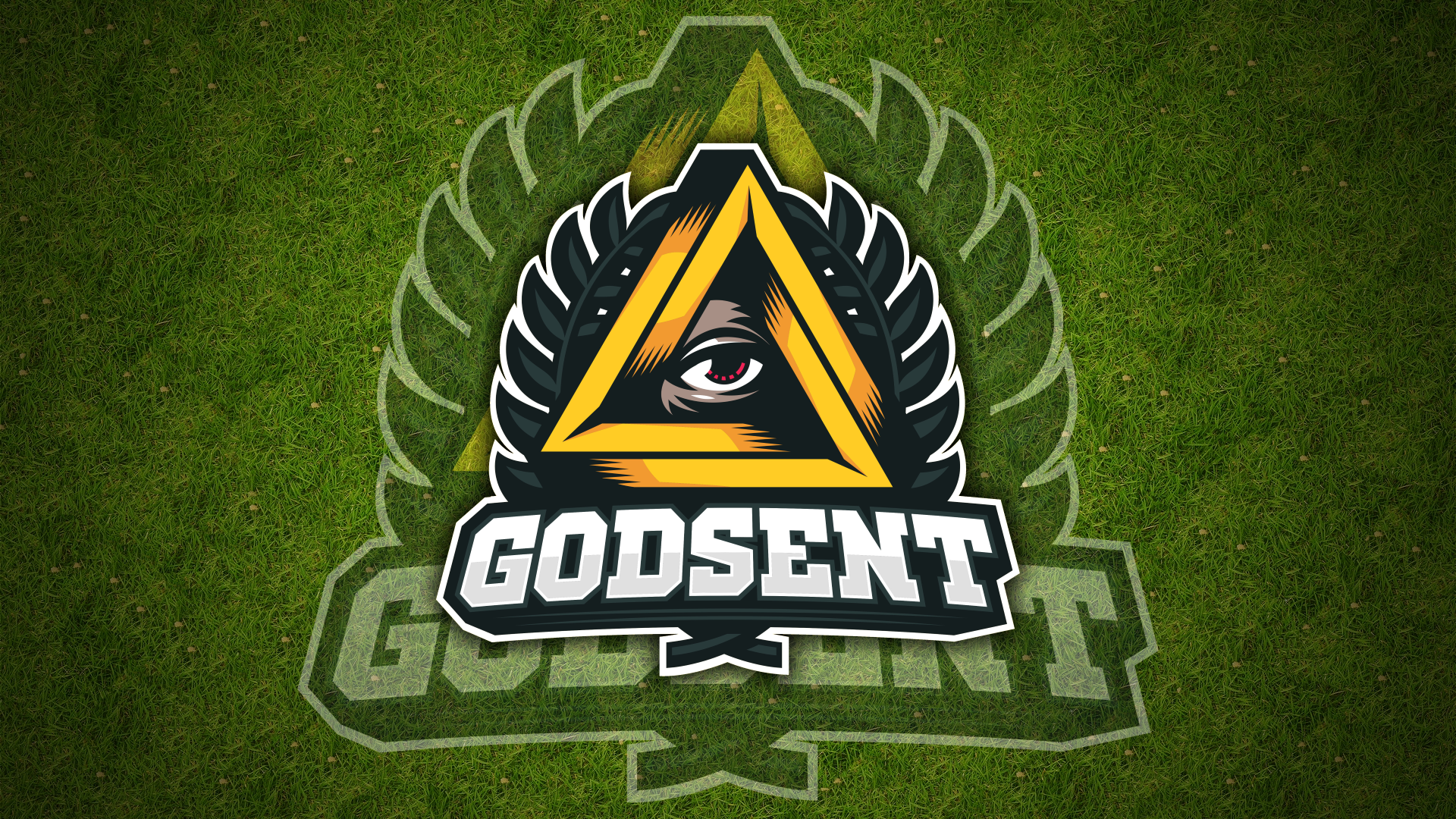 GODSENT logo with eye inside a triangle on grass HD Wallpaper