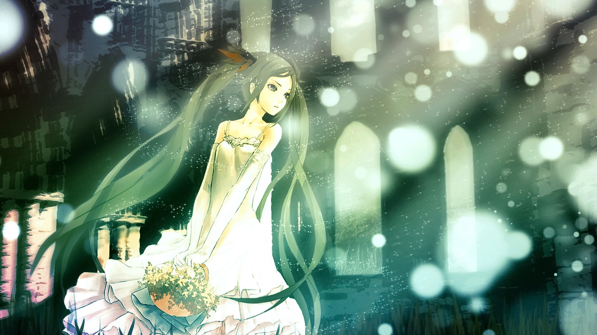 Anime girl in a white dress holding flowers HD Wallpaper