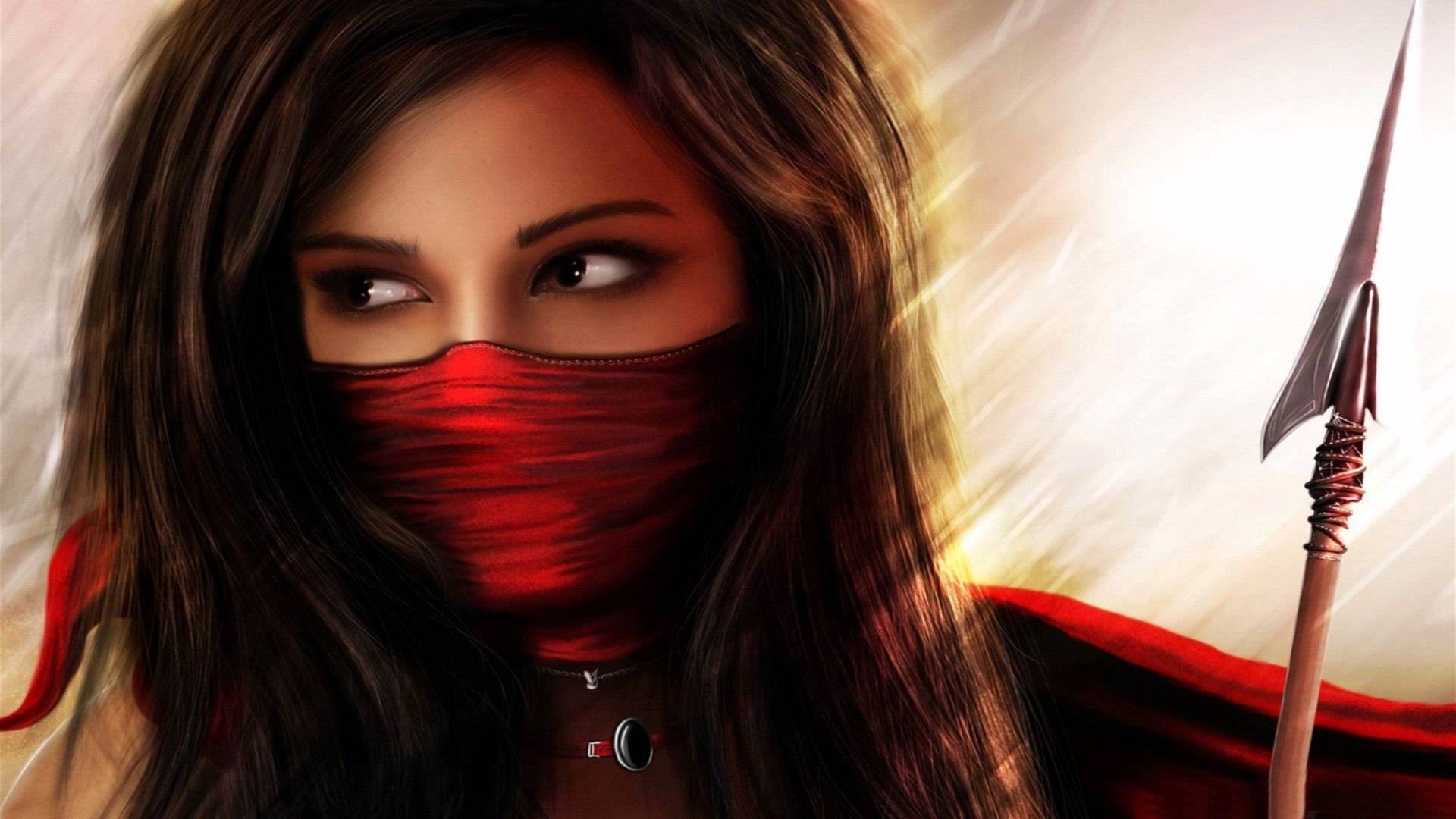 Mysterious Woman with Red Mask and Spear HD Wallpaper