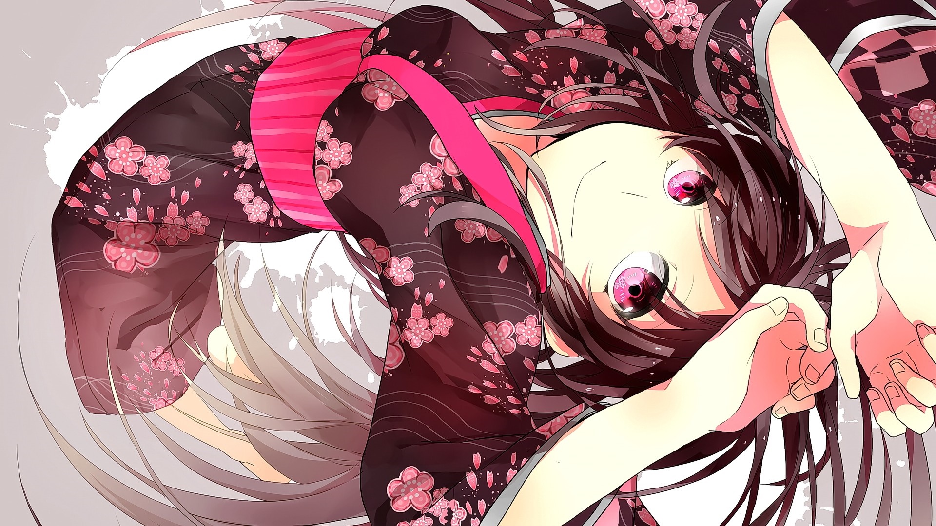 Anime girl in kimono with pink flowers HD Wallpaper