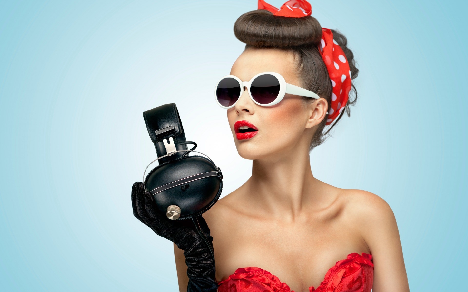 Woman in vintage style with headphones and sunglasses HD Wallpaper