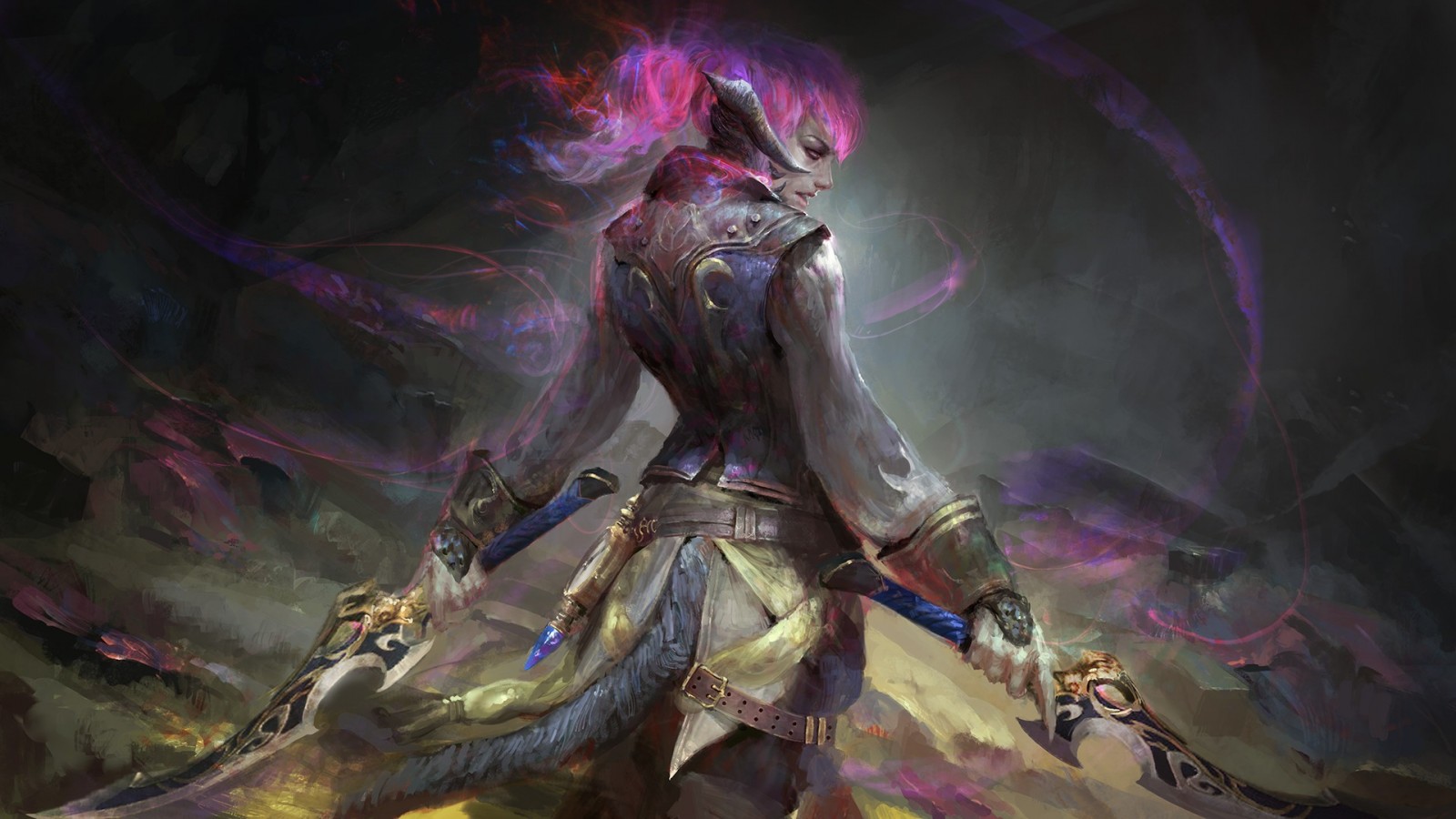 Fantasy warrior with pink hair and dual swords HD Wallpaper