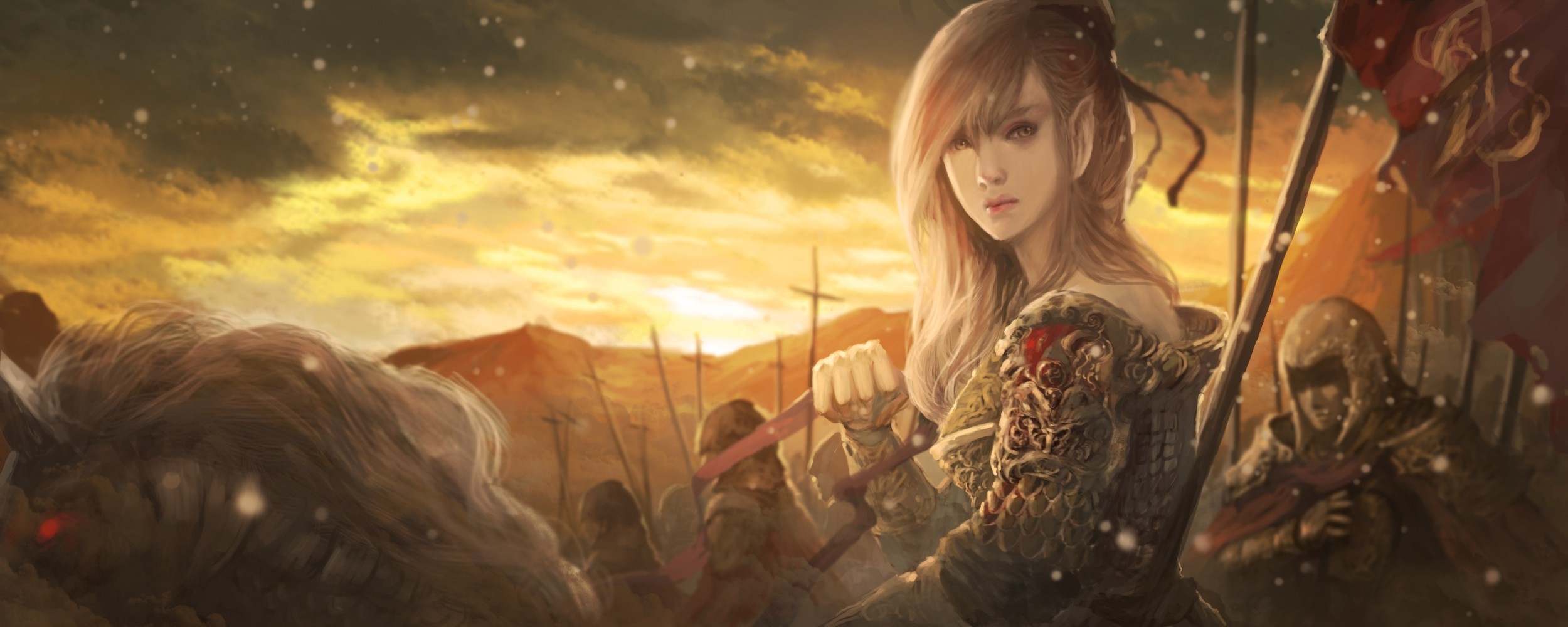 Fantasy warrior woman with army at sunset HD Wallpaper