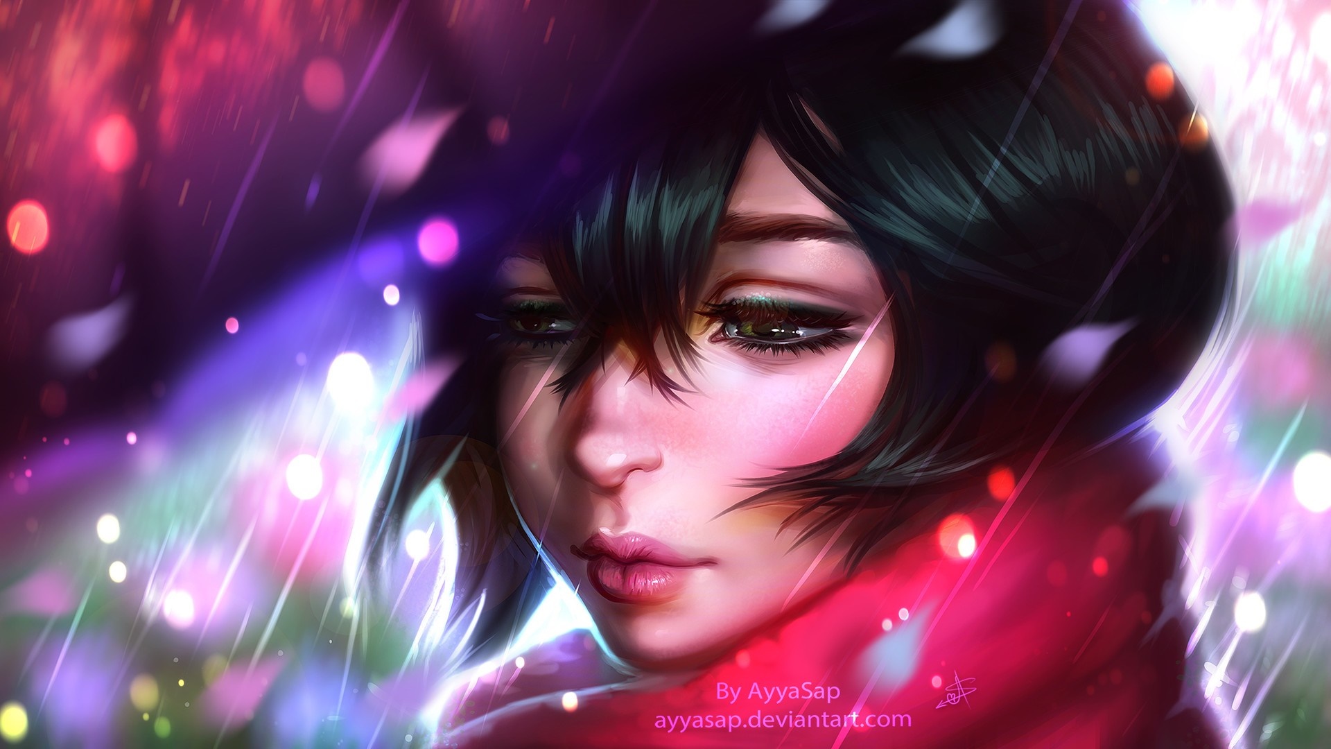 Anime girl with dark hair and red scarf in bokeh lights HD Wallpaper