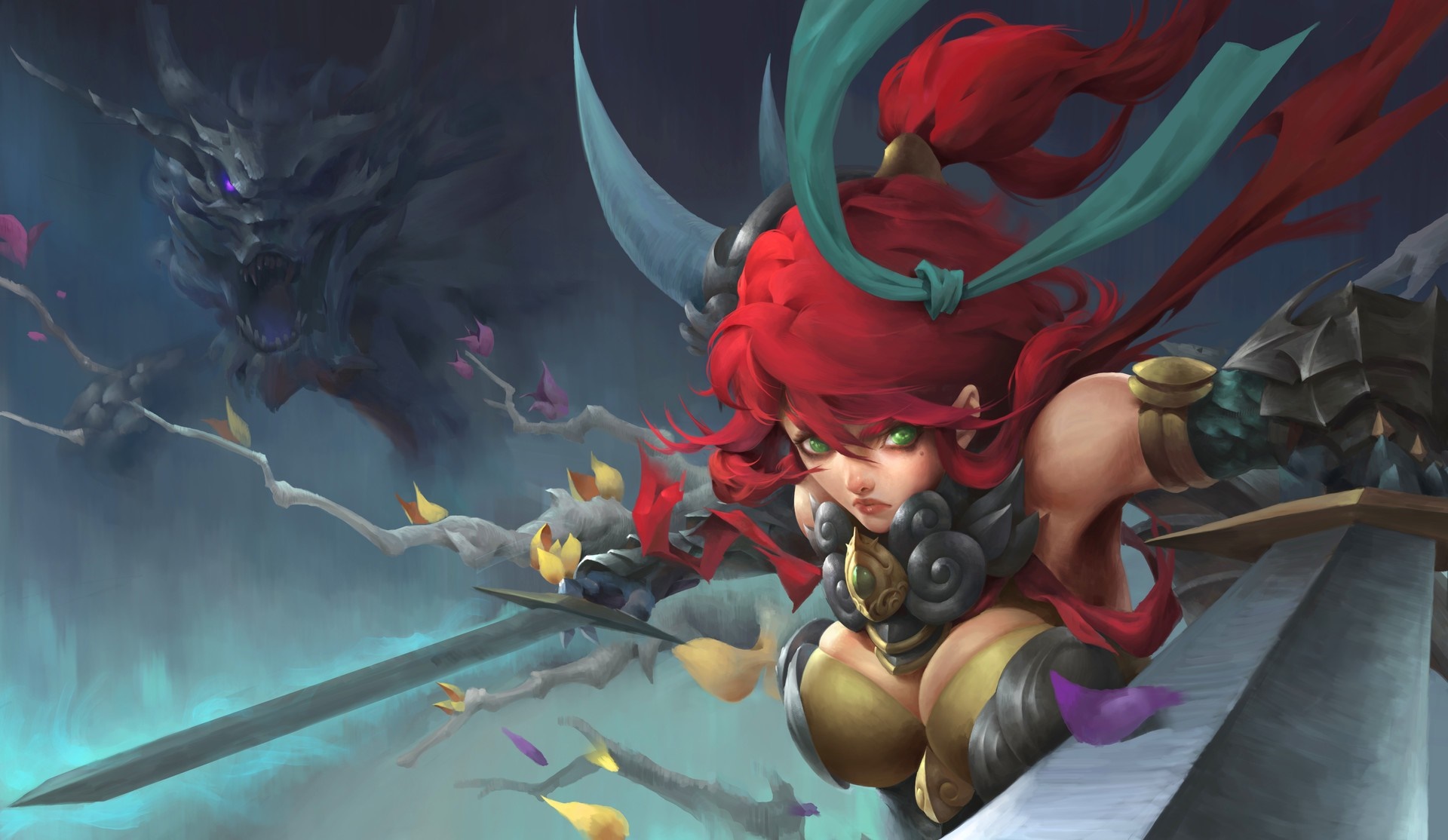 Fantasy warrior girl with red hair and a dragon HD Wallpaper
