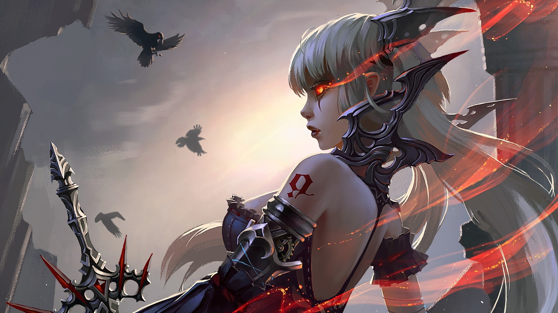 Anime girl with glowing eyes and sword HD Wallpaper