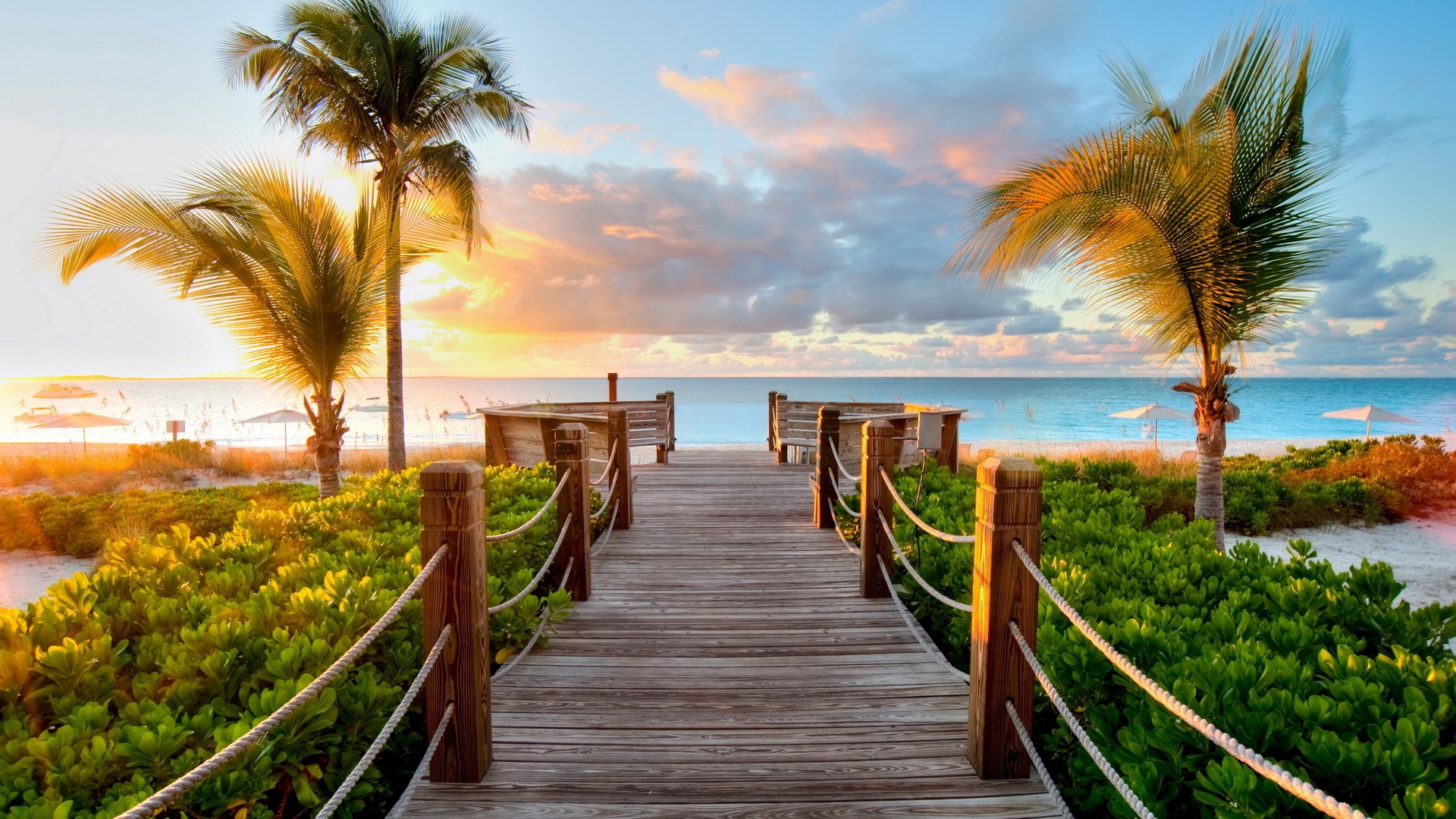 Wooden boardwalk leading to a tropical beach at sunset HD Wallpaper