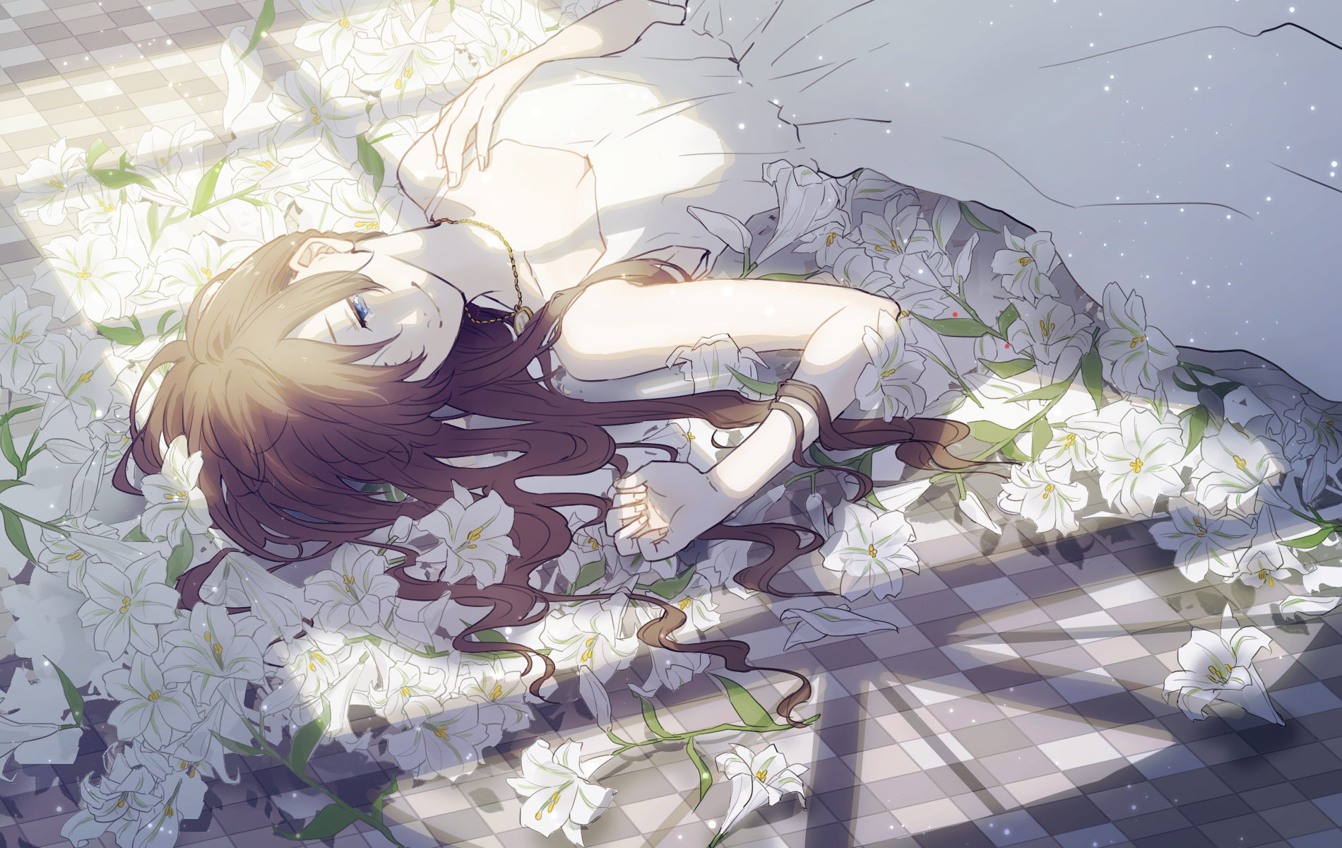 Anime girl lying in white lilies HD Wallpaper