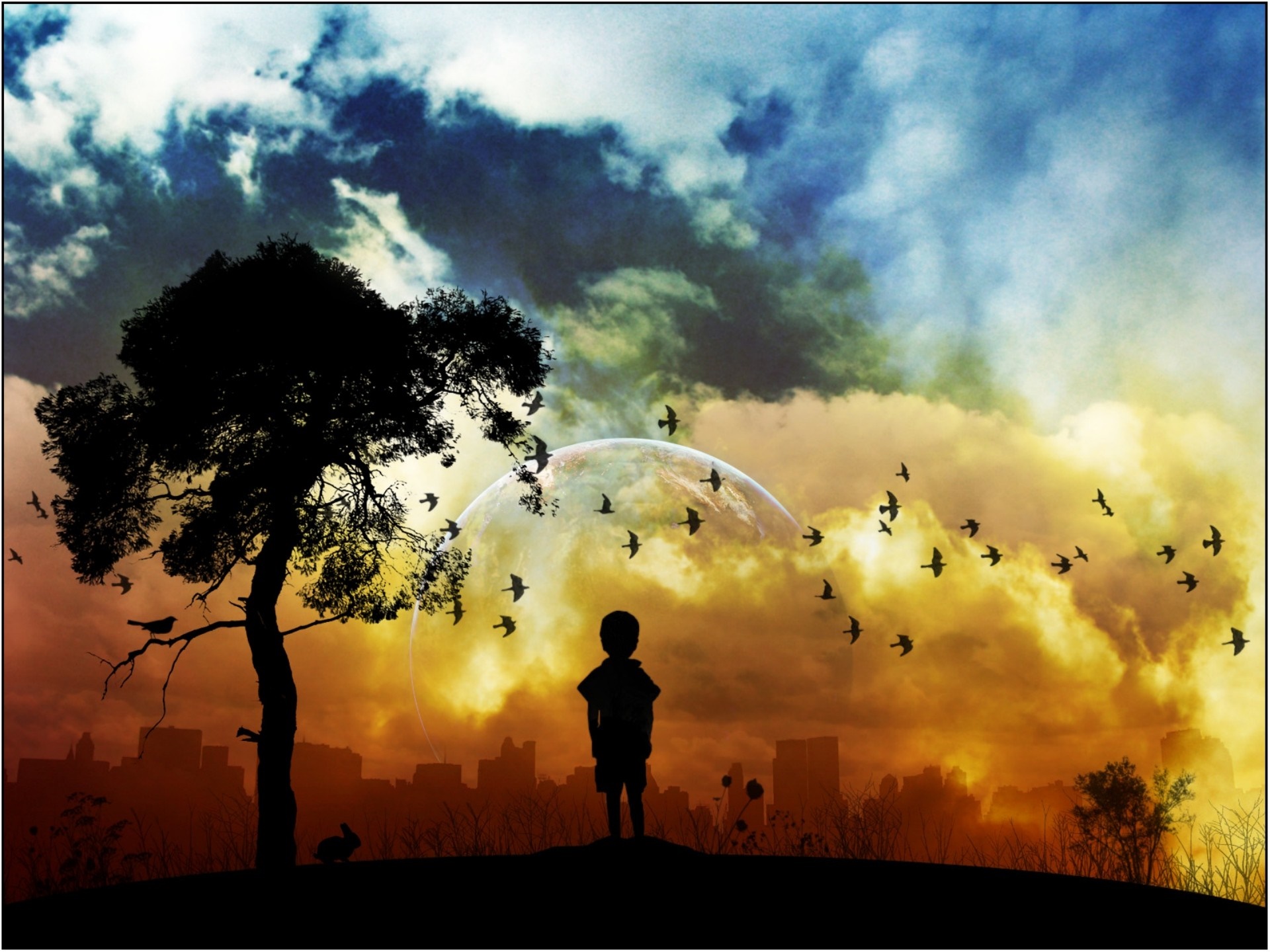 Child and tree silhouette with planet and birds HD Wallpaper