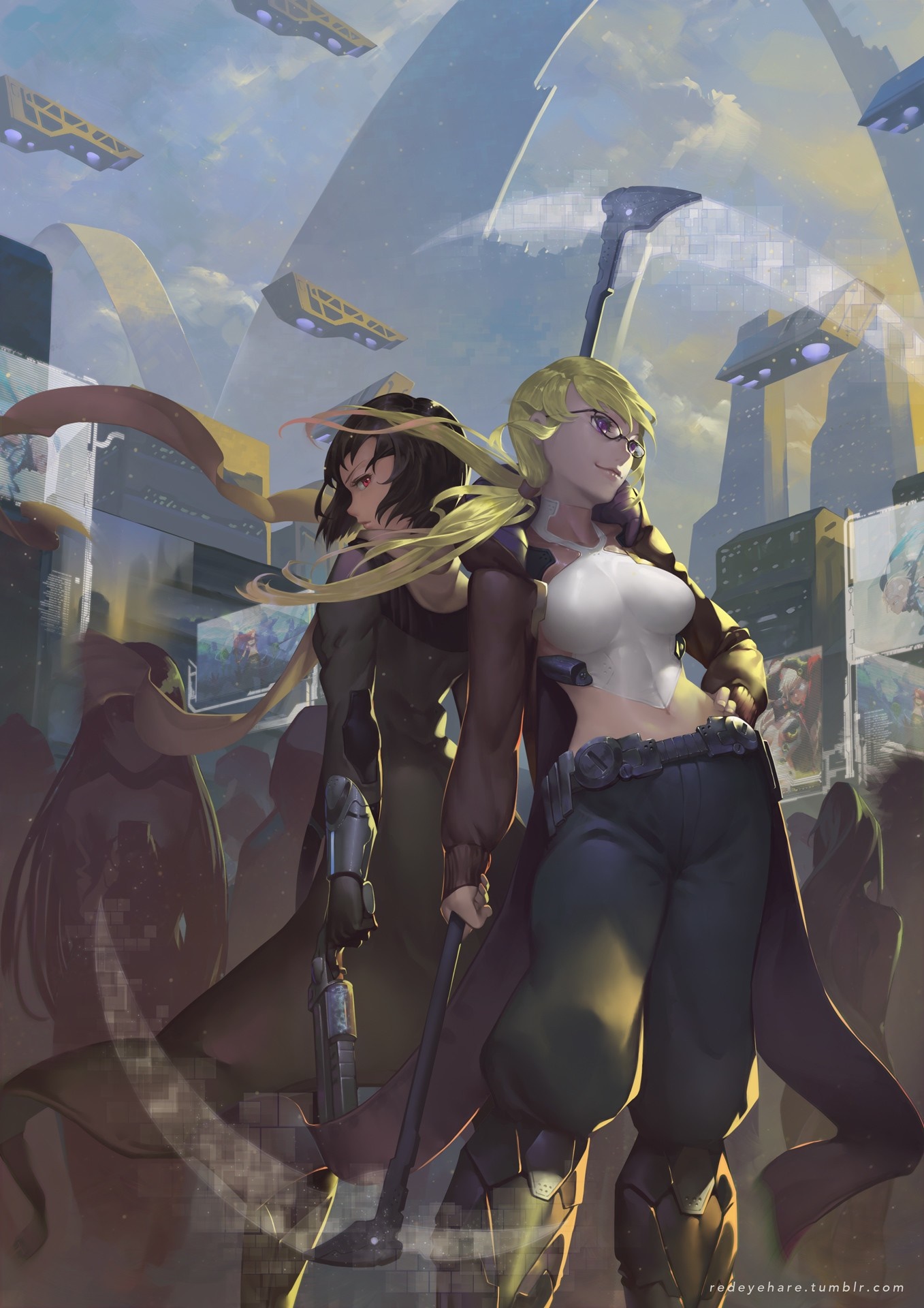 Two female warriors in a futuristic city HD Wallpaper