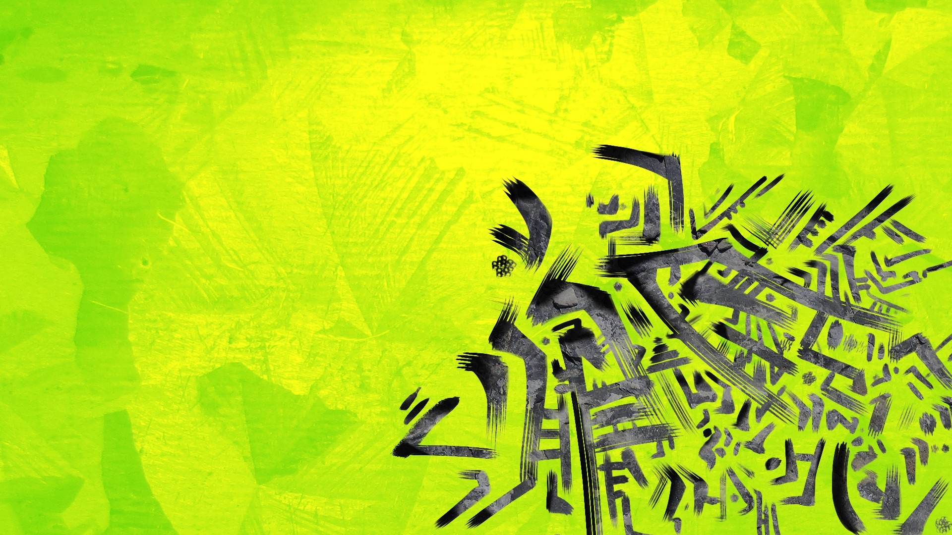 Abstract digital art with black brush strokes on green and yellow background HD Wallpaper