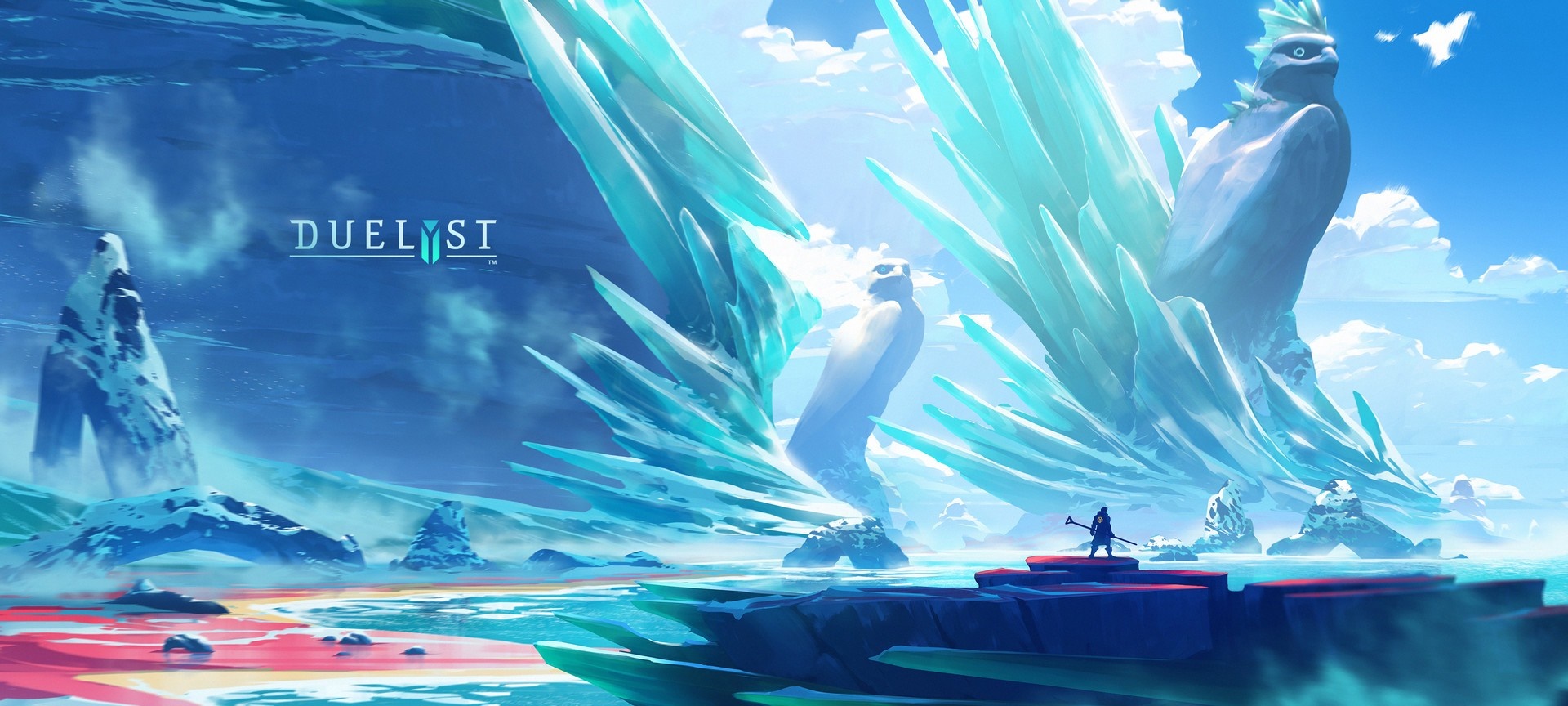 Duelyst artwork with ice formations and a lone figure HD Wallpaper