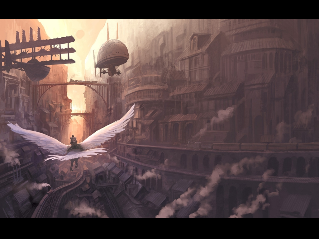 Steampunk city with flying creature and airships HD Wallpaper