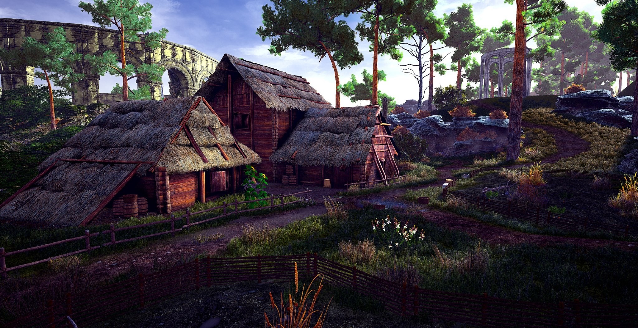 Fantasy village with ancient ruins and forest HD Wallpaper