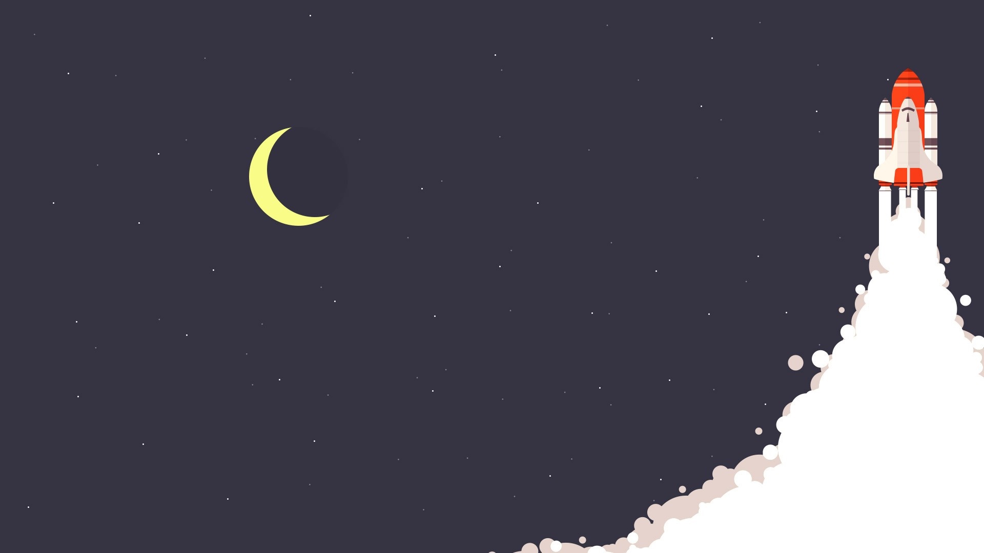 Rocket Launching into a Starry Night Sky with Crescent Moon HD Wallpaper