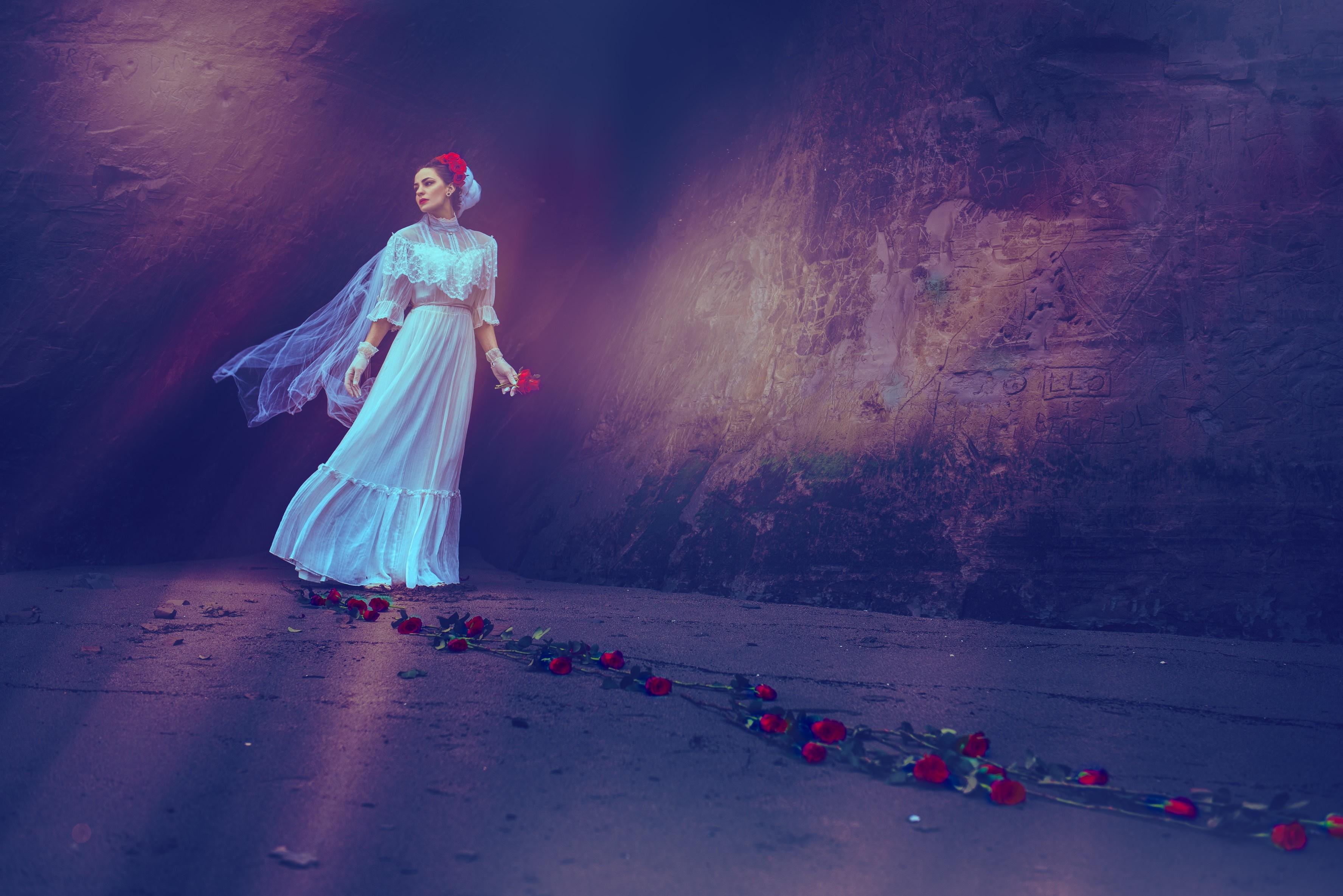 Woman in white dress with red roses HD Wallpaper