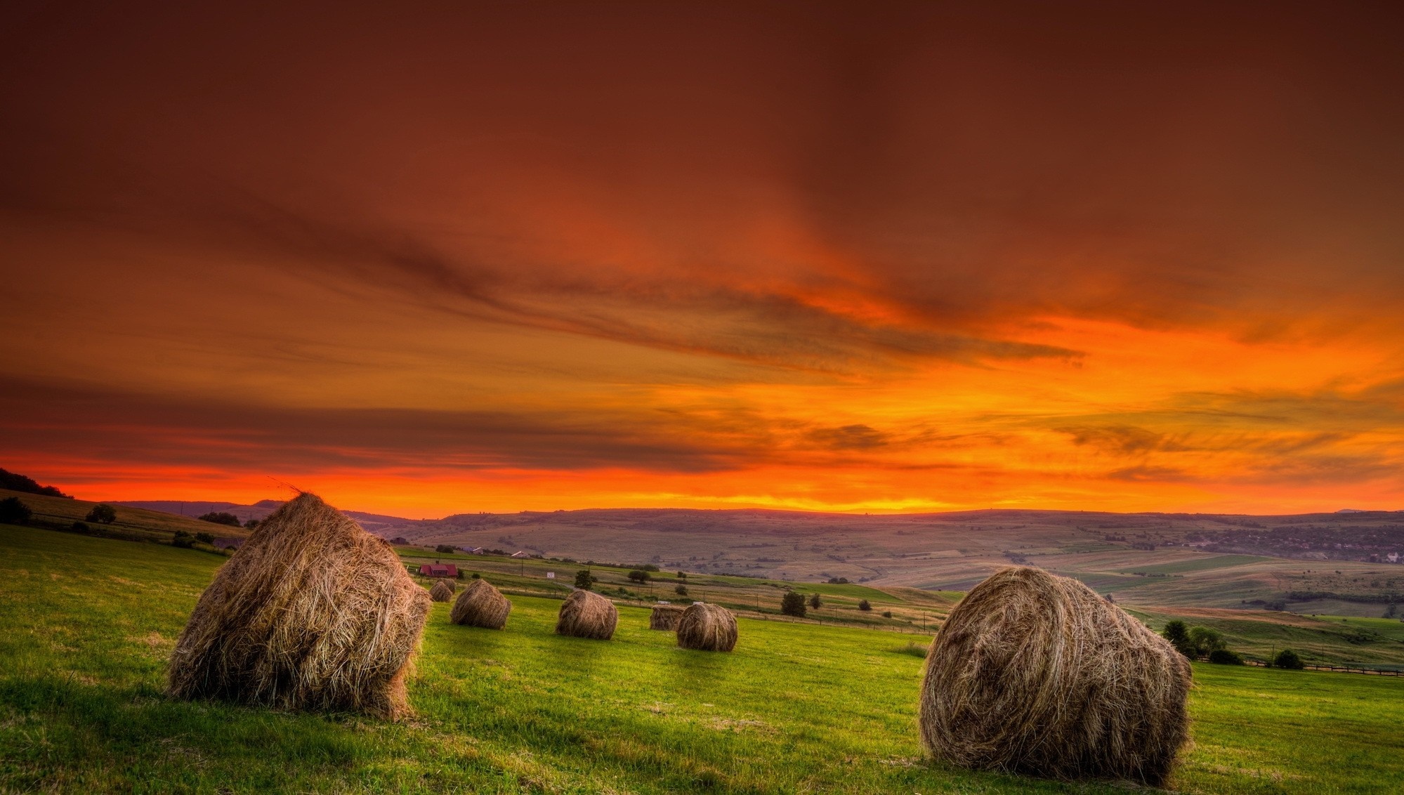 Hay bales in a field at sunset HD Wallpaper