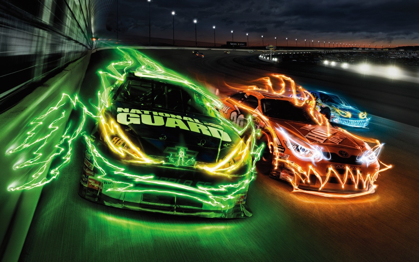 Race cars with glowing energy trails on a track at night HD Wallpaper
