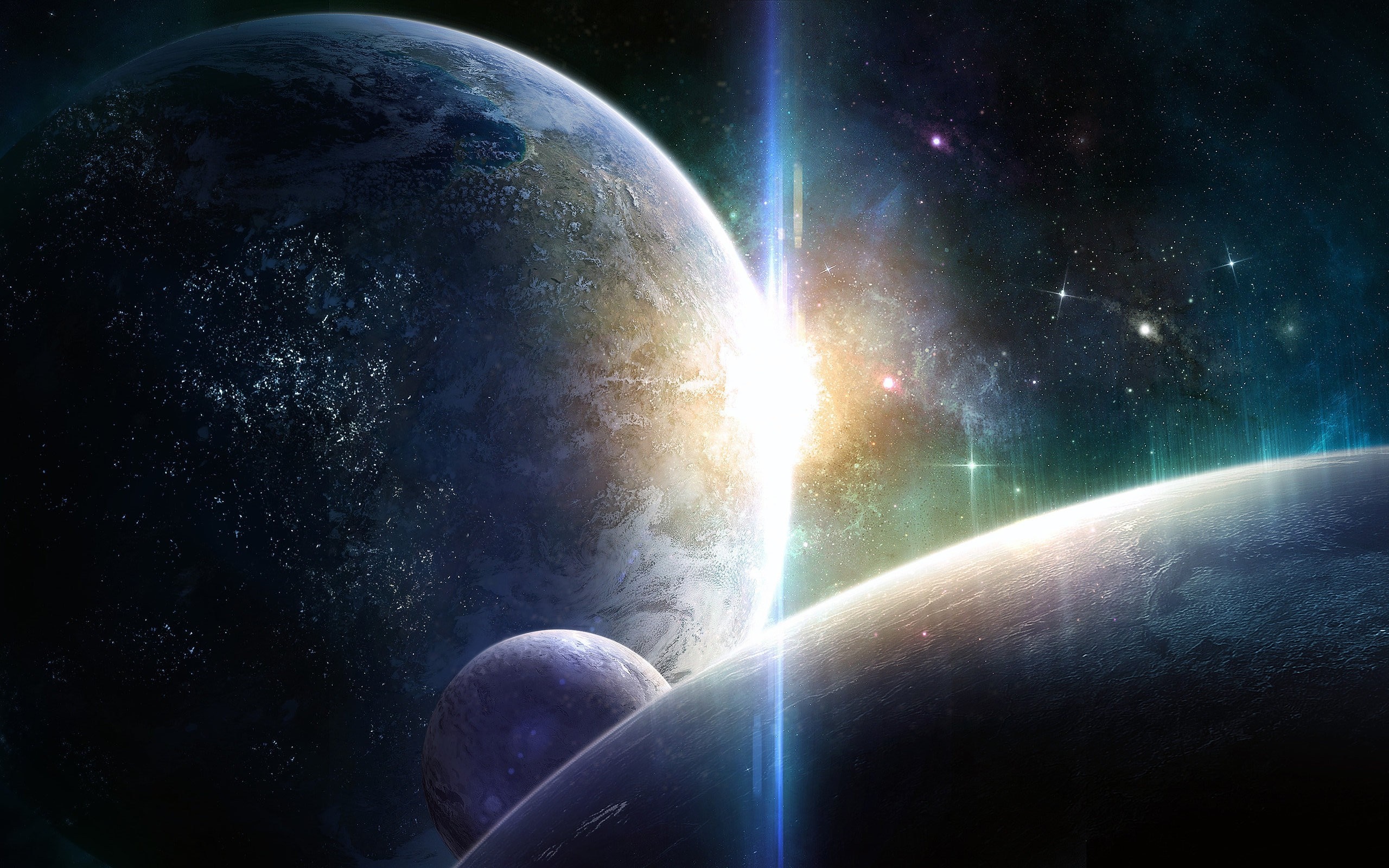 Earth and Moon in Space with Sun and Glowing Orbs HD Wallpaper