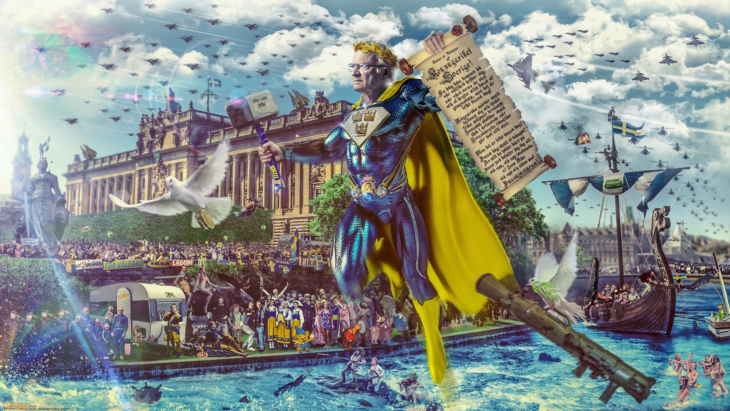 Carl XVI Gustaf as a superhero with a scroll and hammer HD Wallpaper