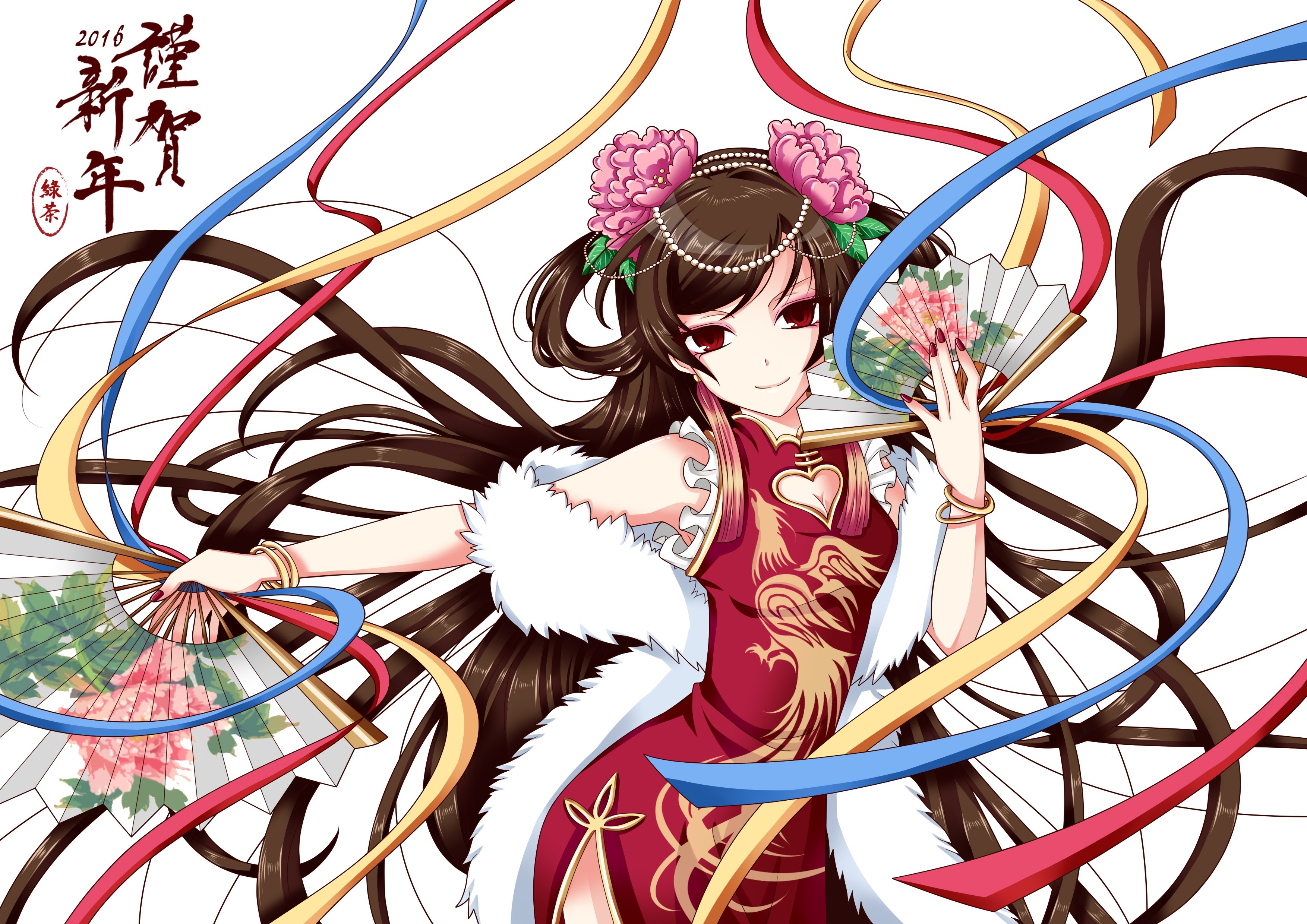 Anime girl in red dress with fans and ribbons HD Wallpaper