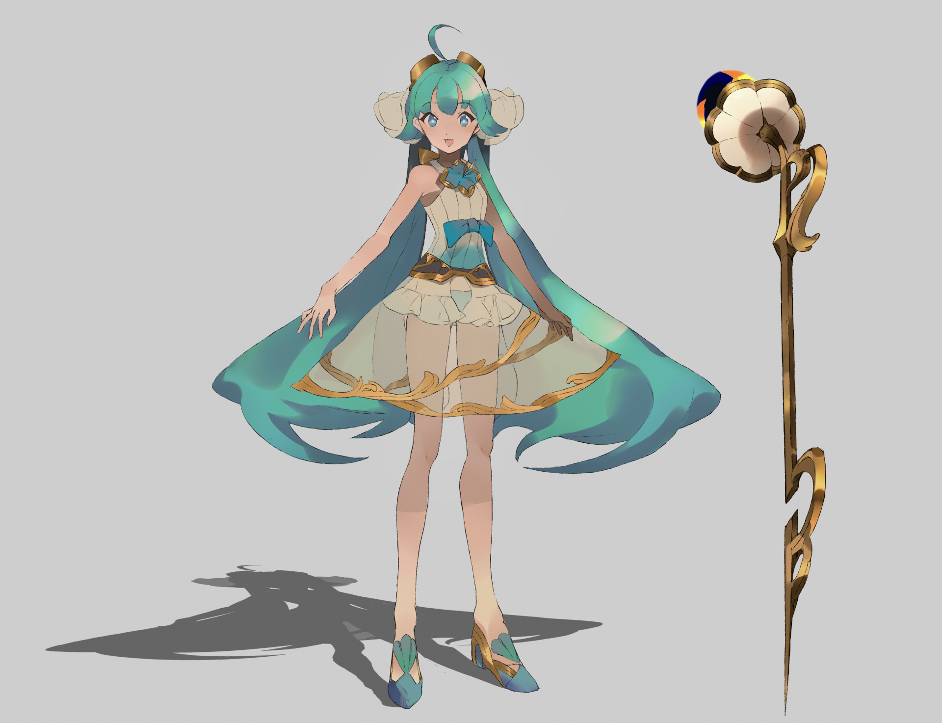 Anime girl with teal hair and a staff HD Wallpaper