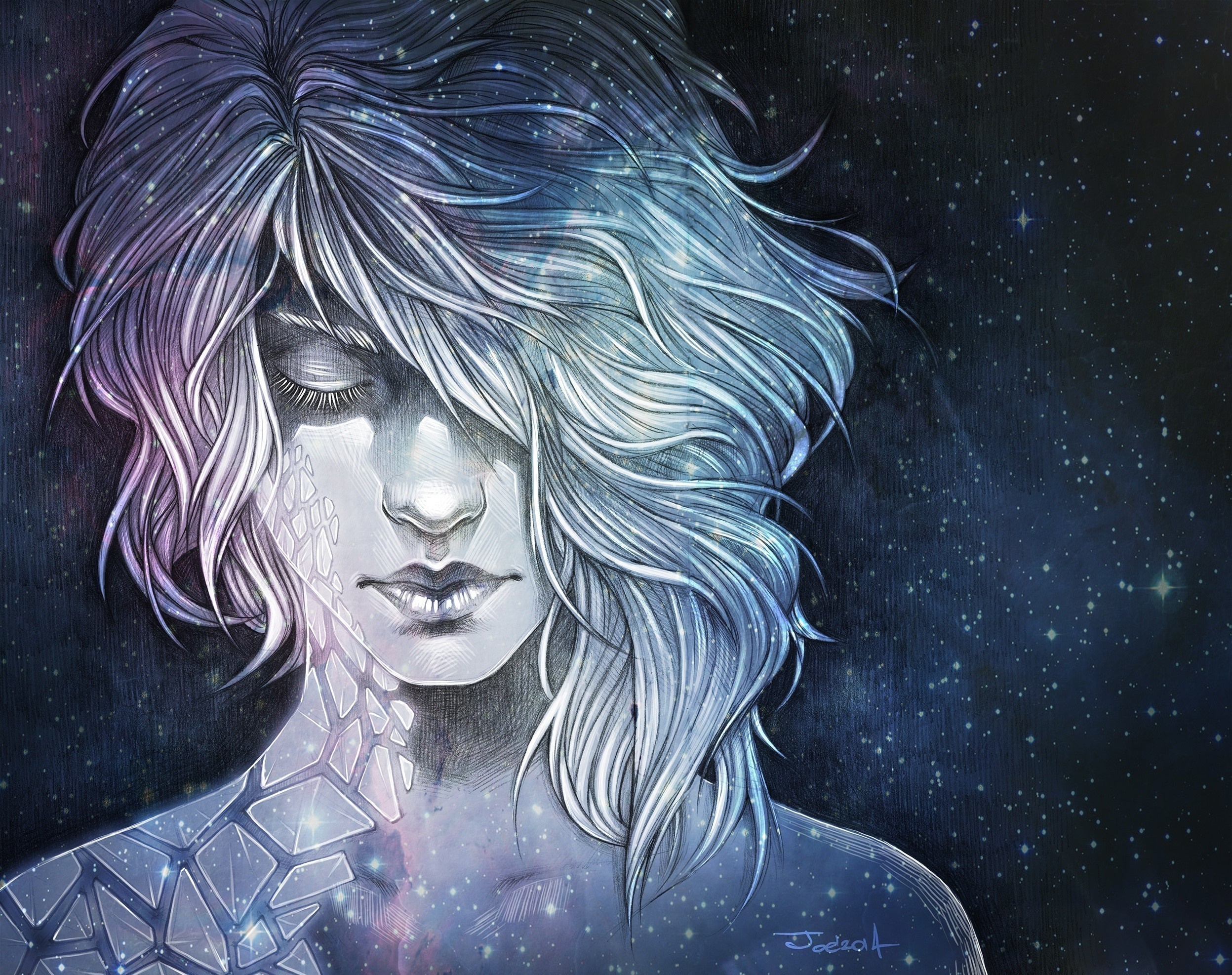 Woman with galaxy-like skin and flowing hair HD Wallpaper