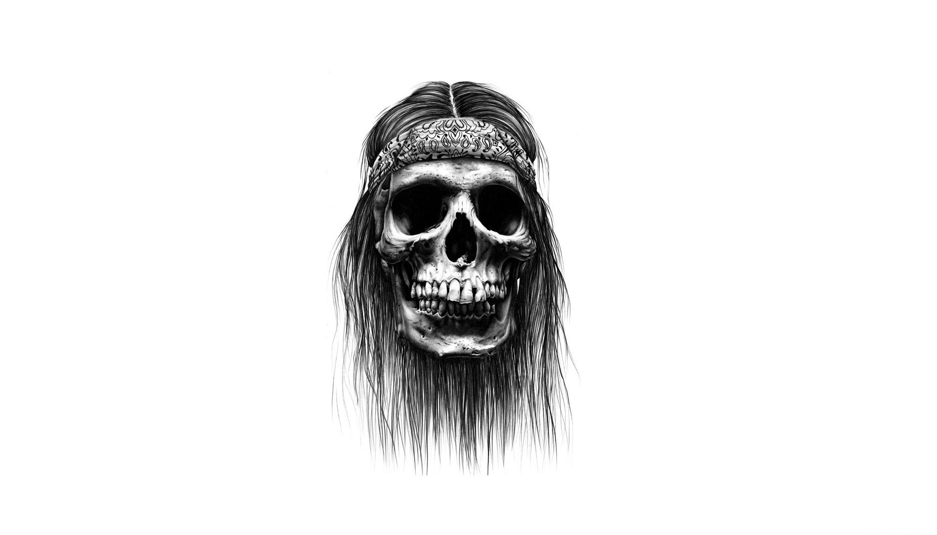 Skull with long hair and headband HD Wallpaper