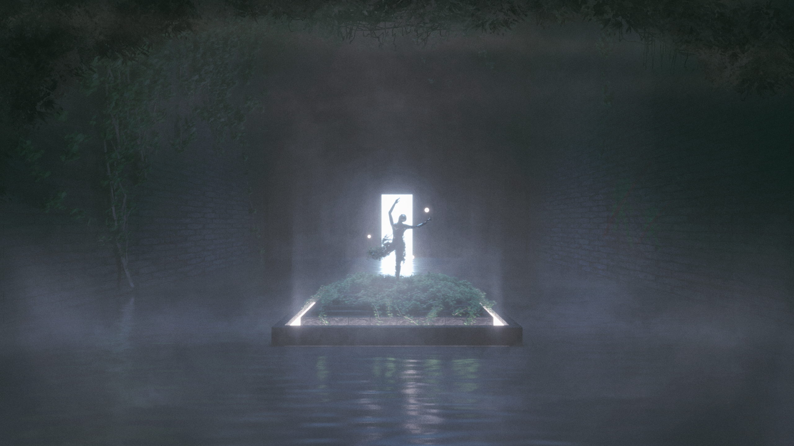 Silhouette of a dancer holding orbs in a misty environment HD Wallpaper