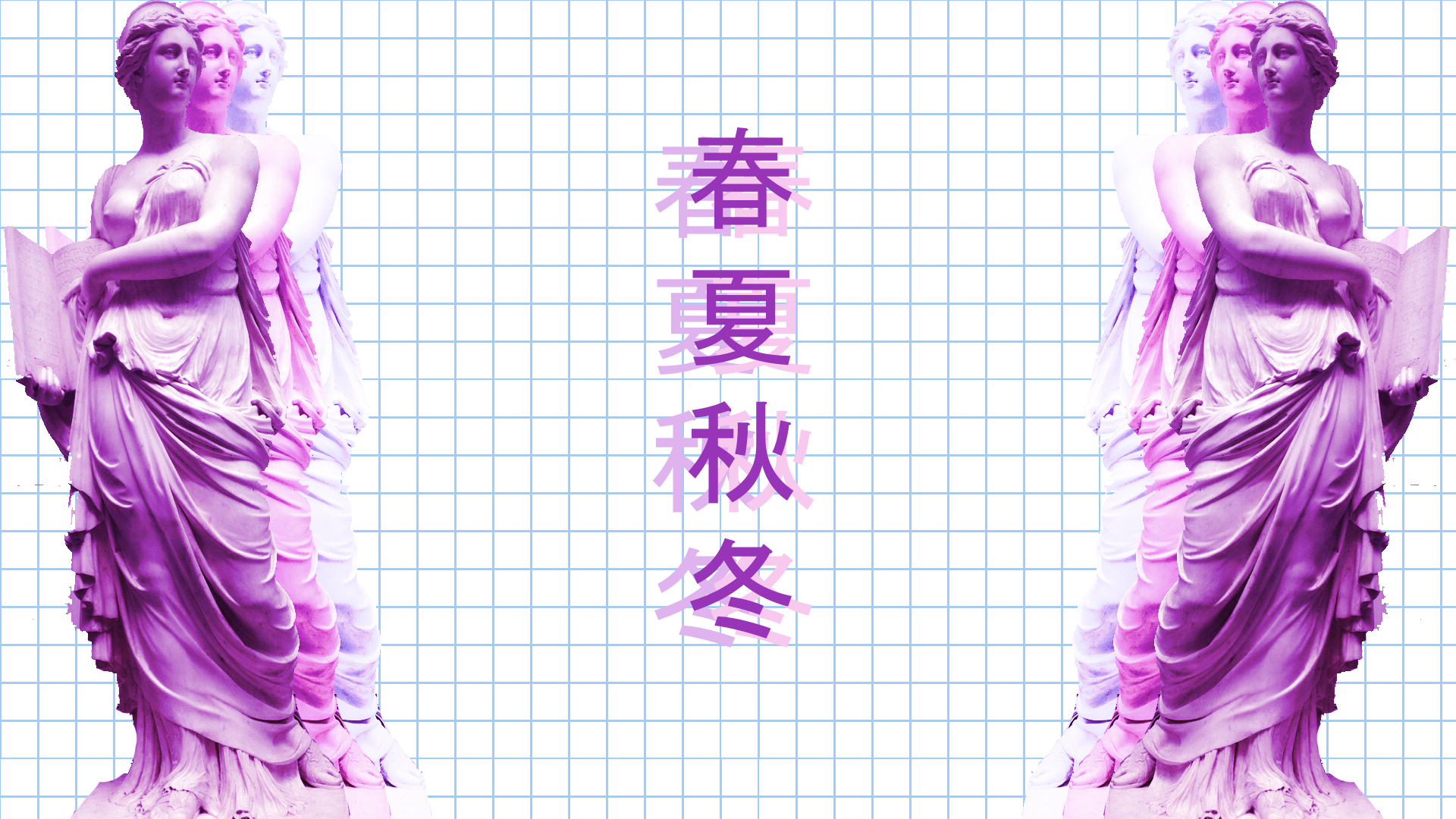Statues with Japanese text on a grid background HD Wallpaper