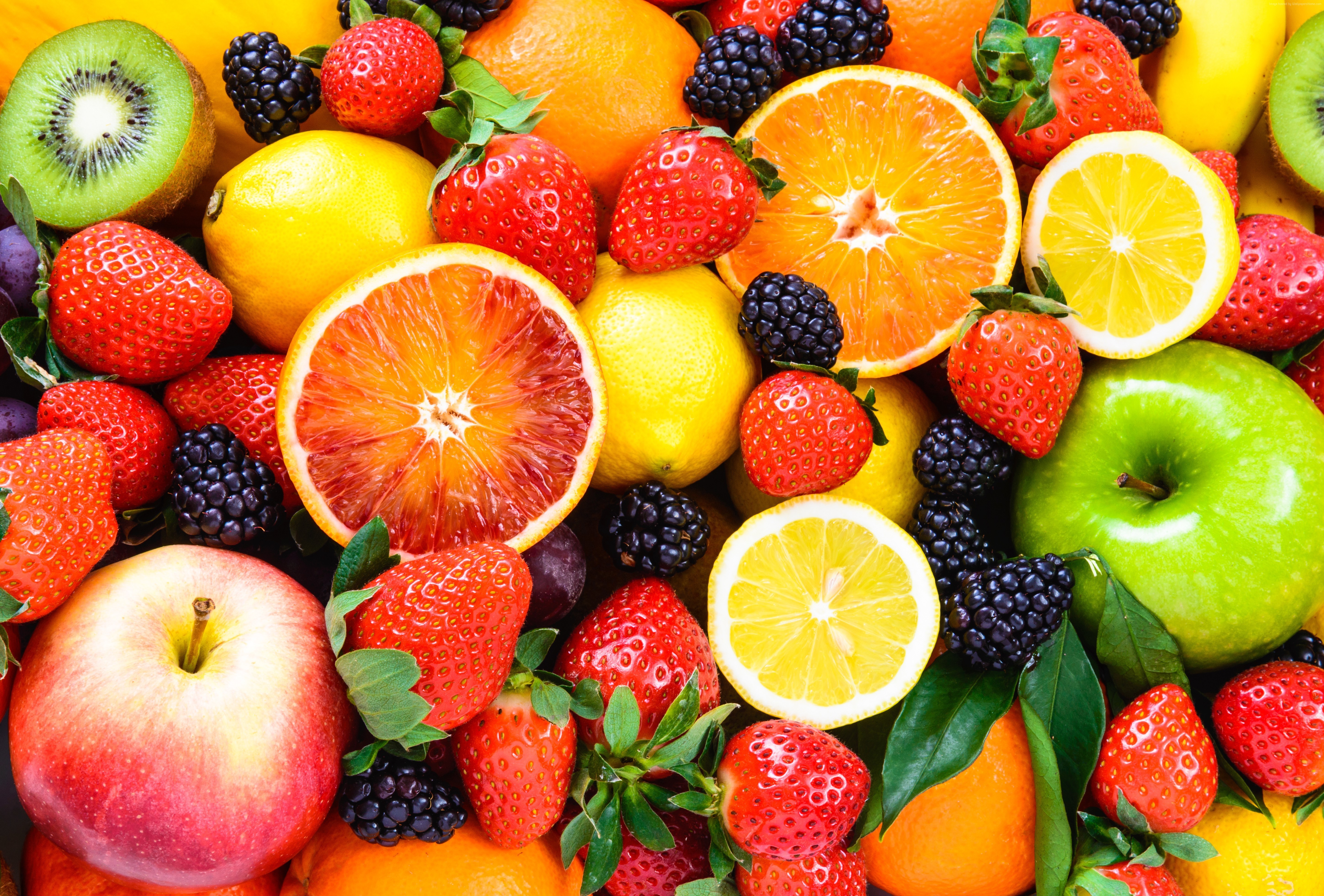 Assortment of fresh fruits including strawberries, oranges, lemons, kiwi, apple, and blackberries HD Wallpaper