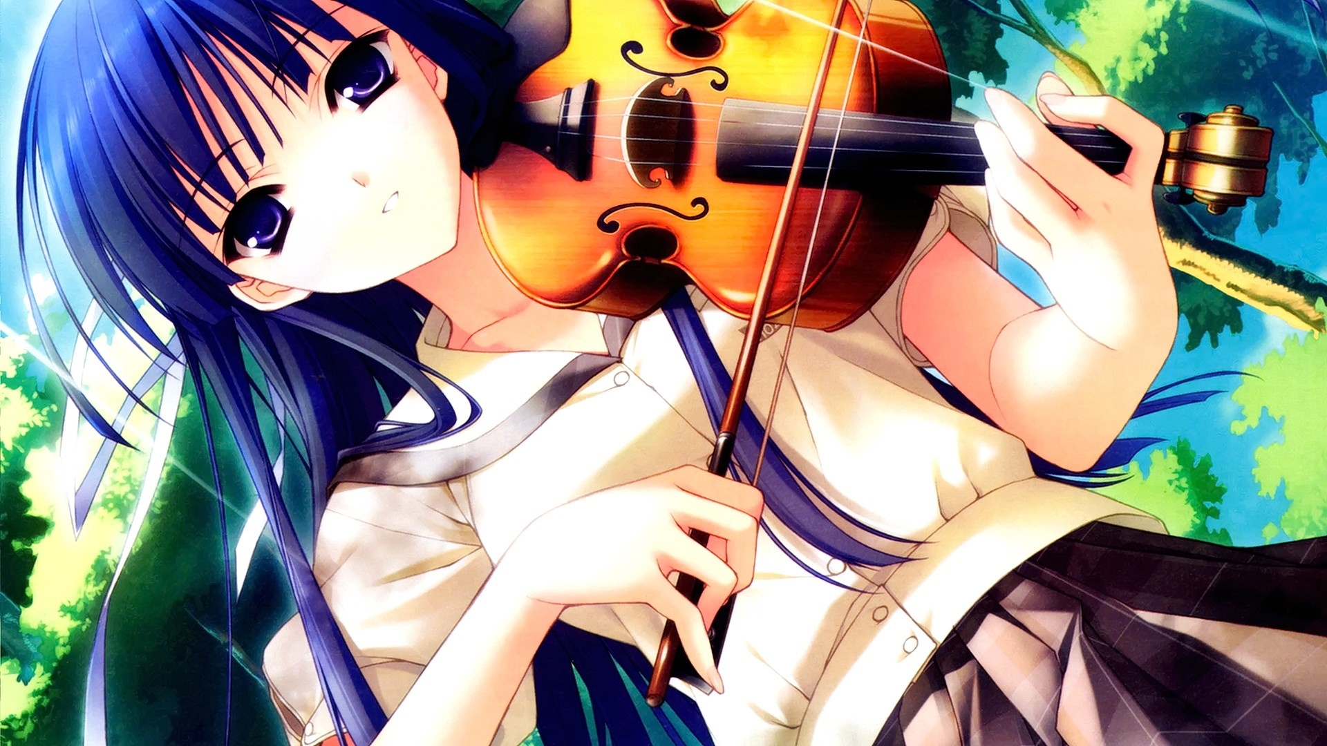 Anime girl with blue hair playing violin HD Wallpaper