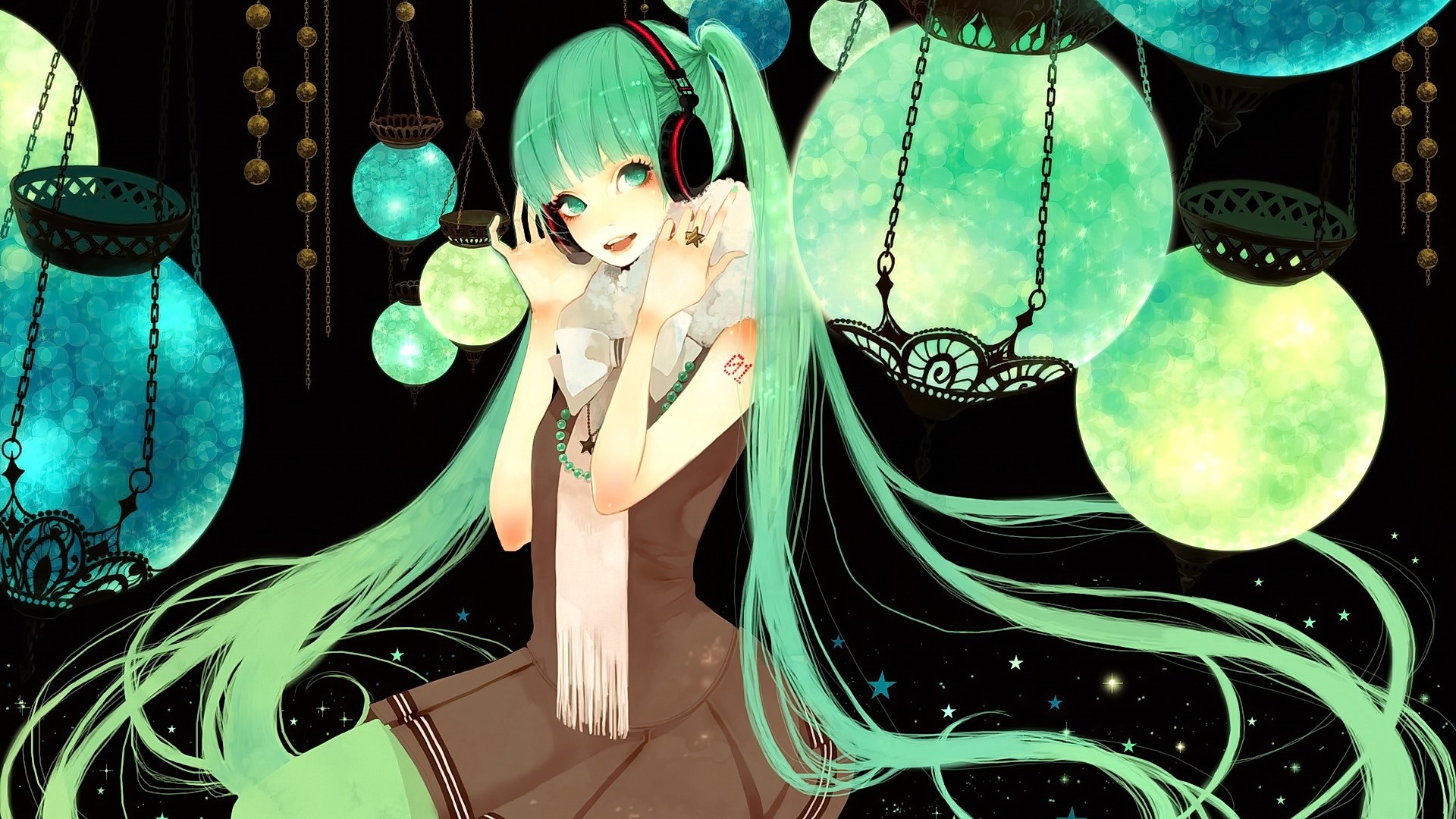 Anime girl with green hair and headphones HD Wallpaper