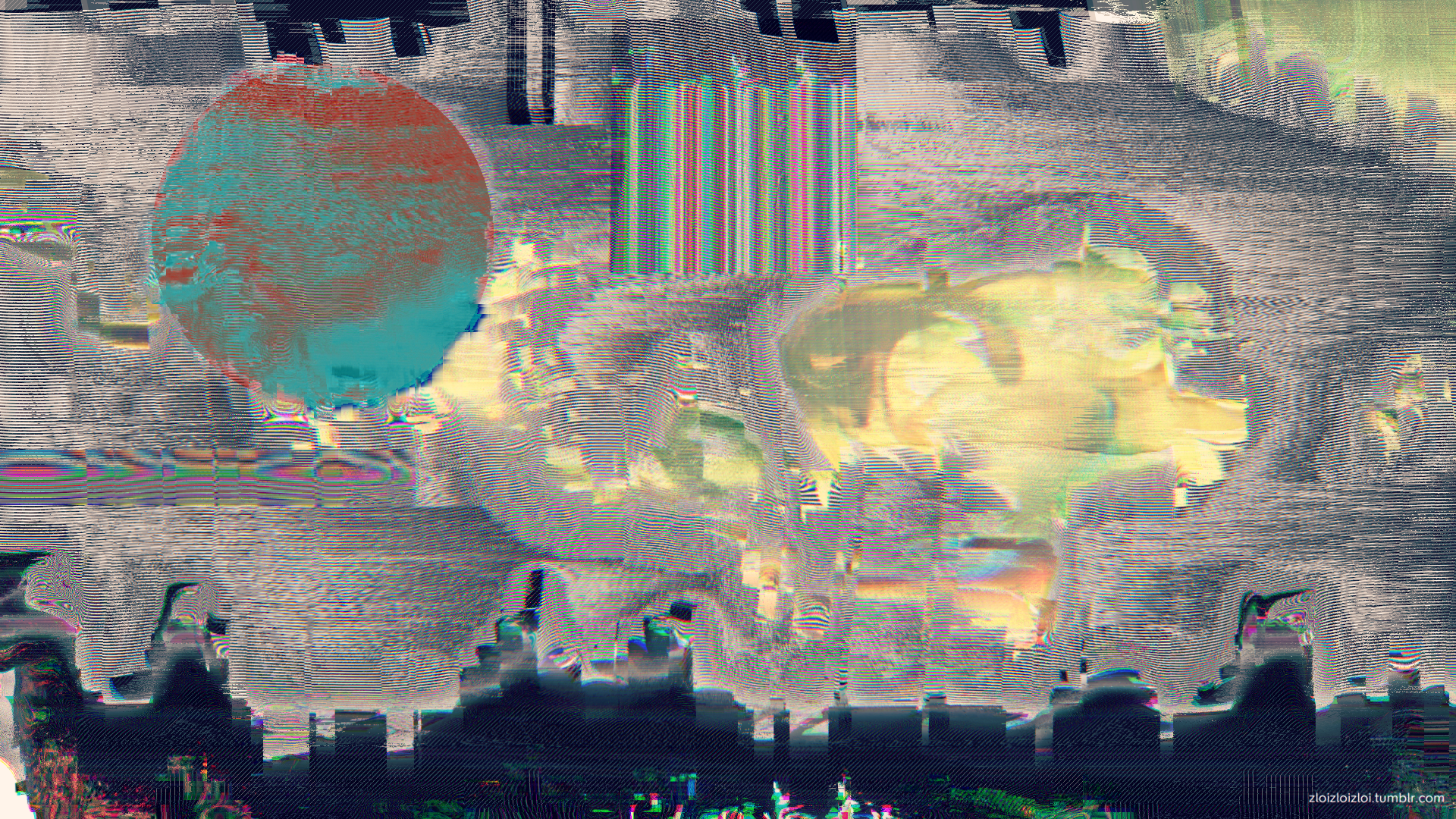 Abstract glitch art with a skull and a planet HD Wallpaper