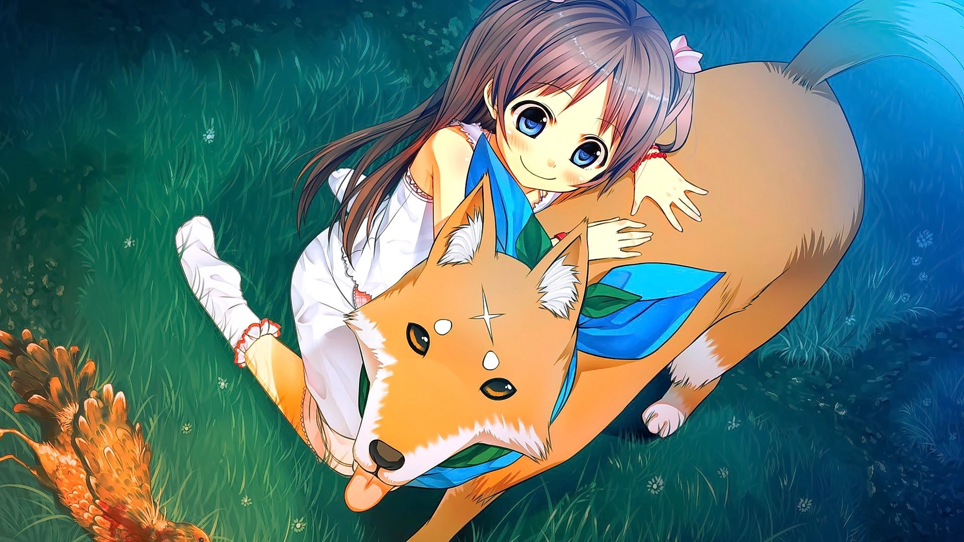 Anime girl hugging a fox-like creature in a grassy field HD Wallpaper