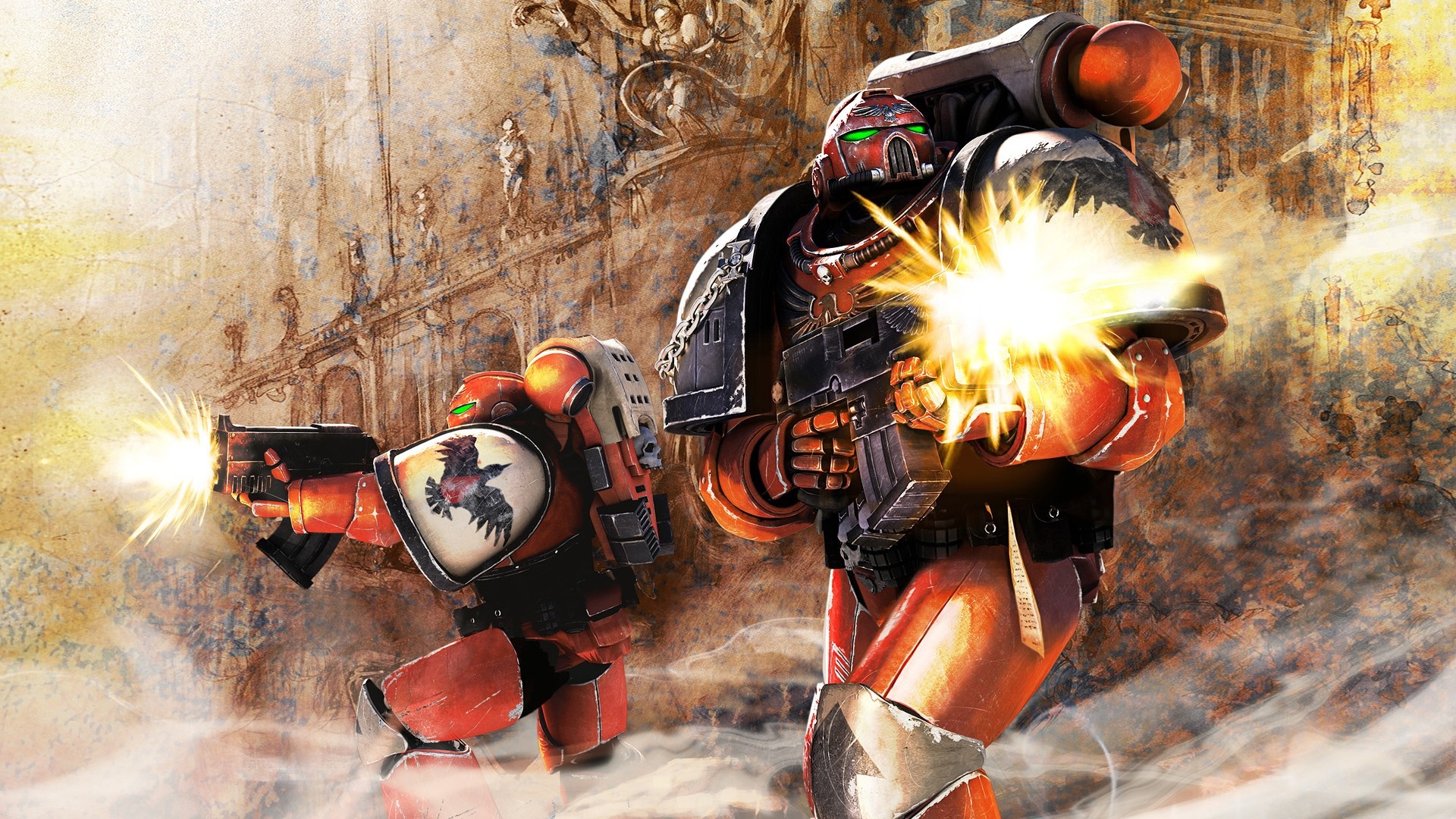 Warhammer 40,000 Space Marines firing weapons HD Wallpaper