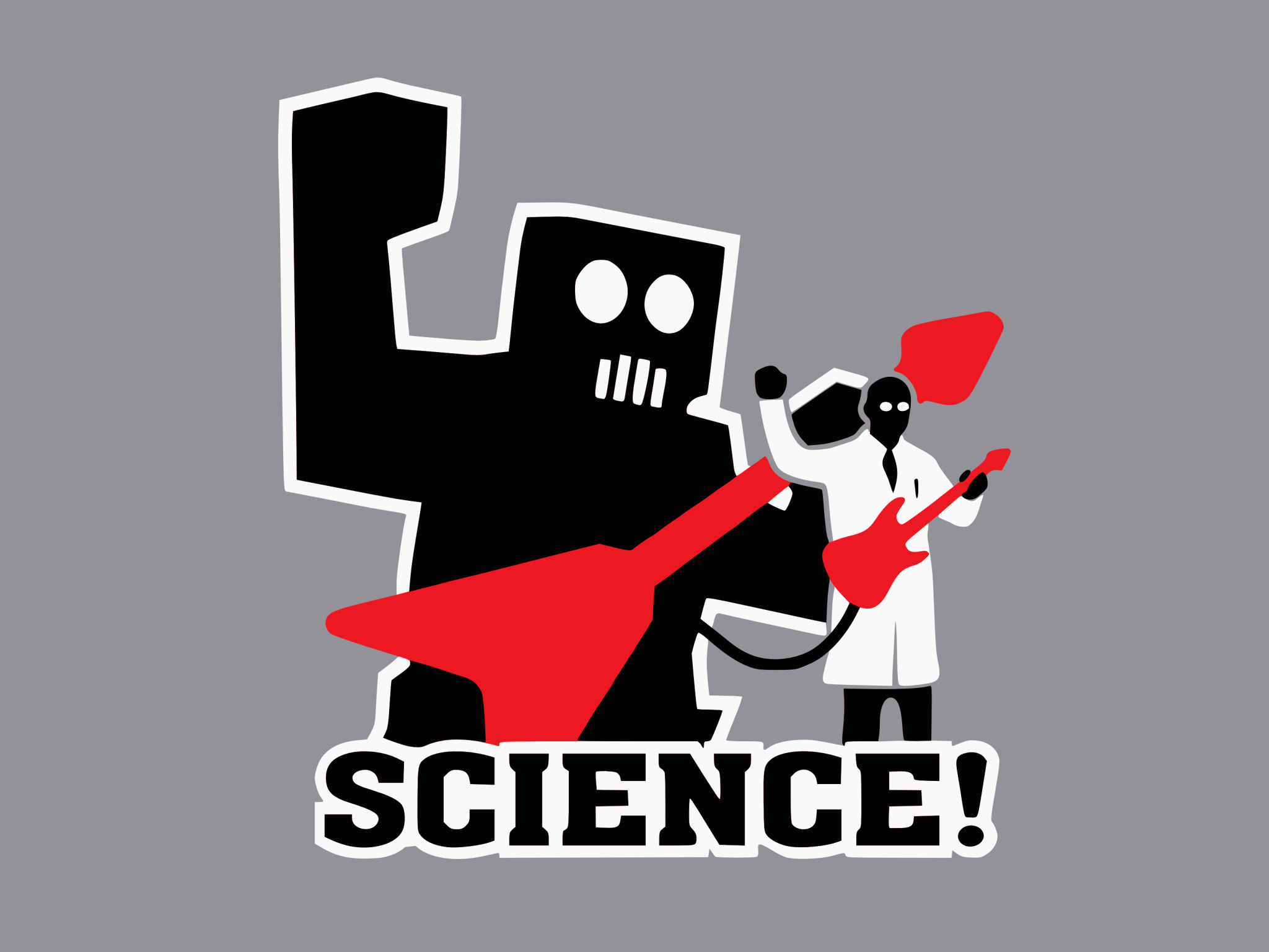 Robot and scientist playing guitars with "SCIENCE!" text HD Wallpaper