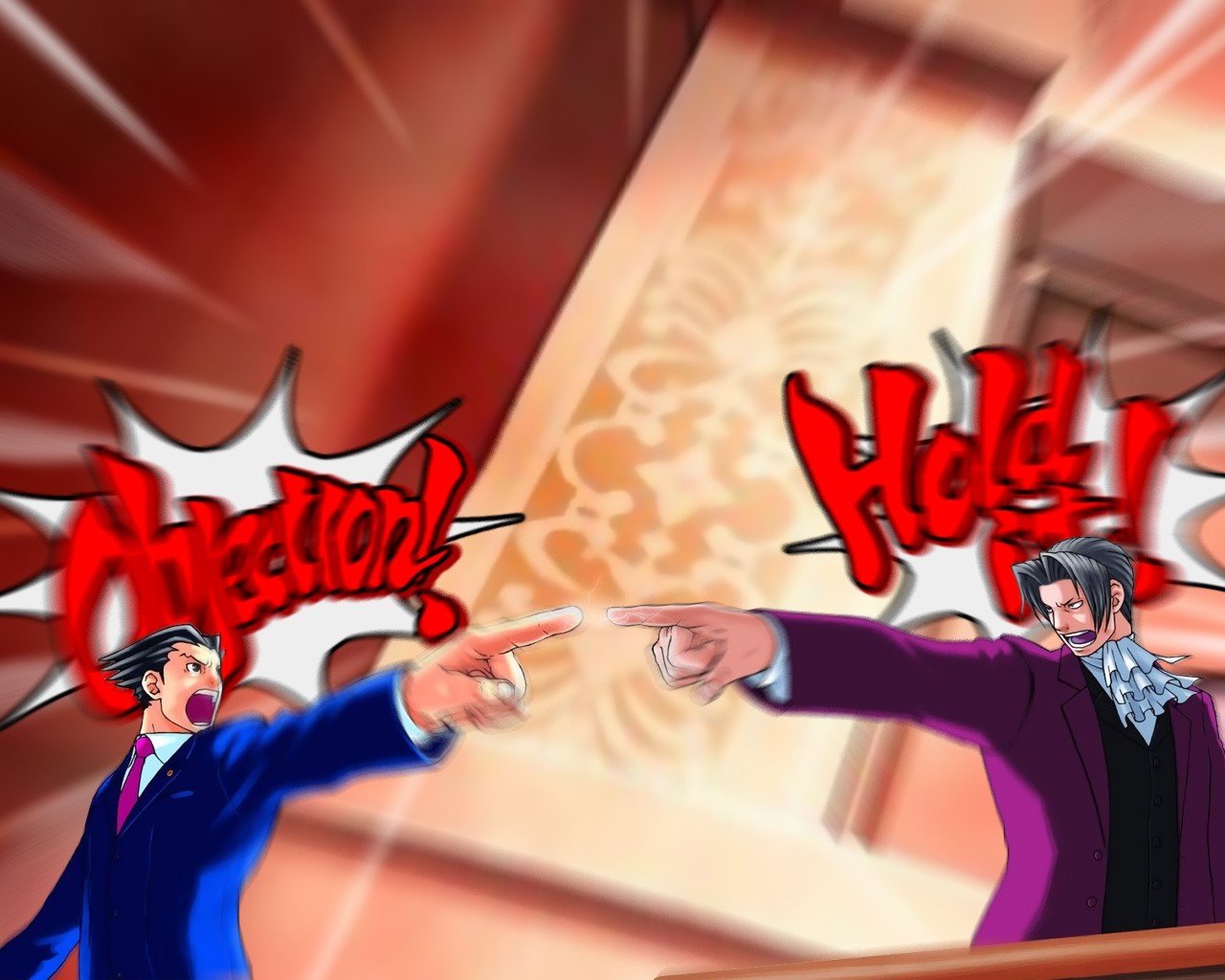 Phoenix Wright and Miles Edgeworth pointing fingers HD Wallpaper