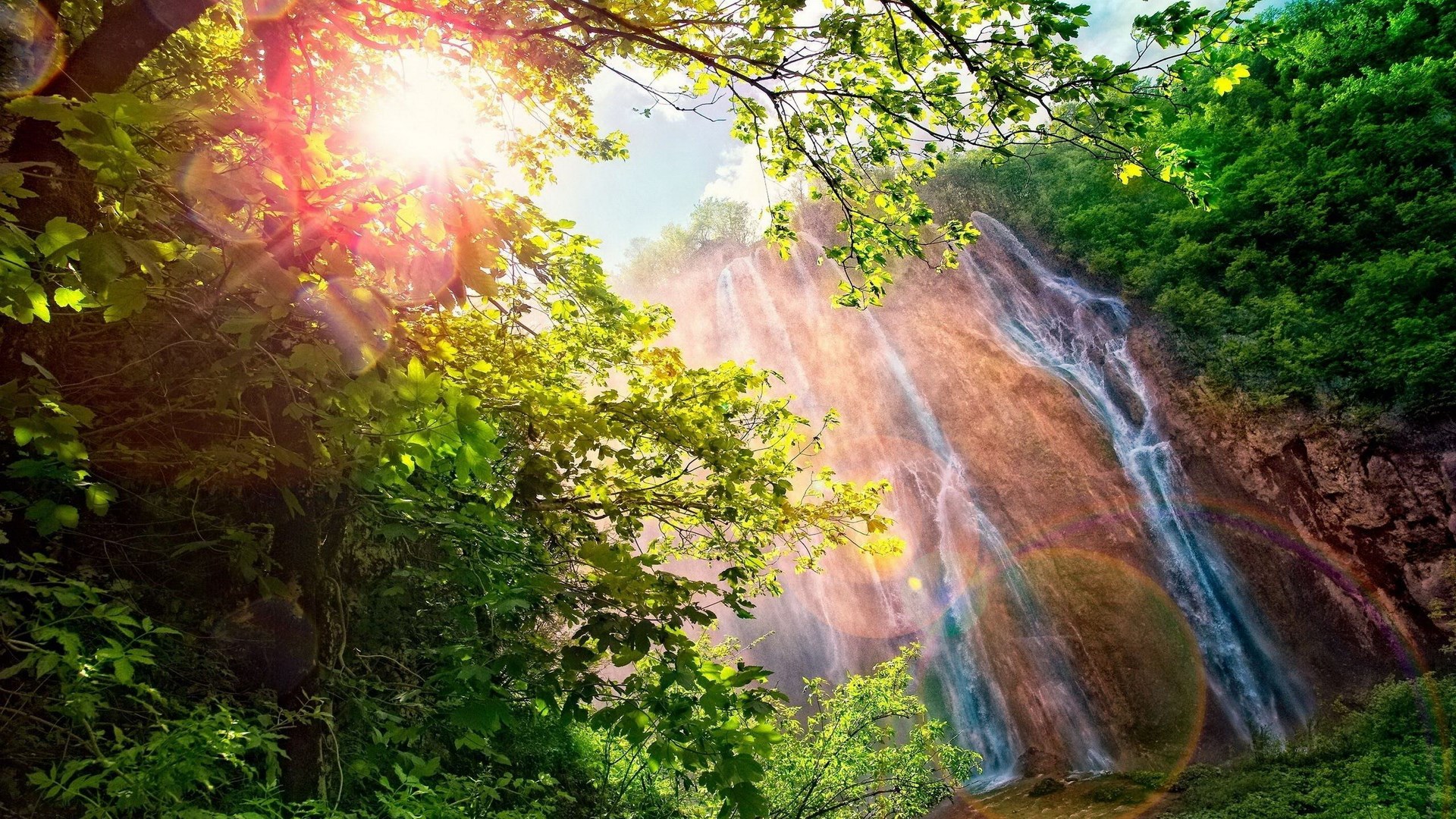 Sunlight streams through trees onto a cascading waterfall HD Wallpaper