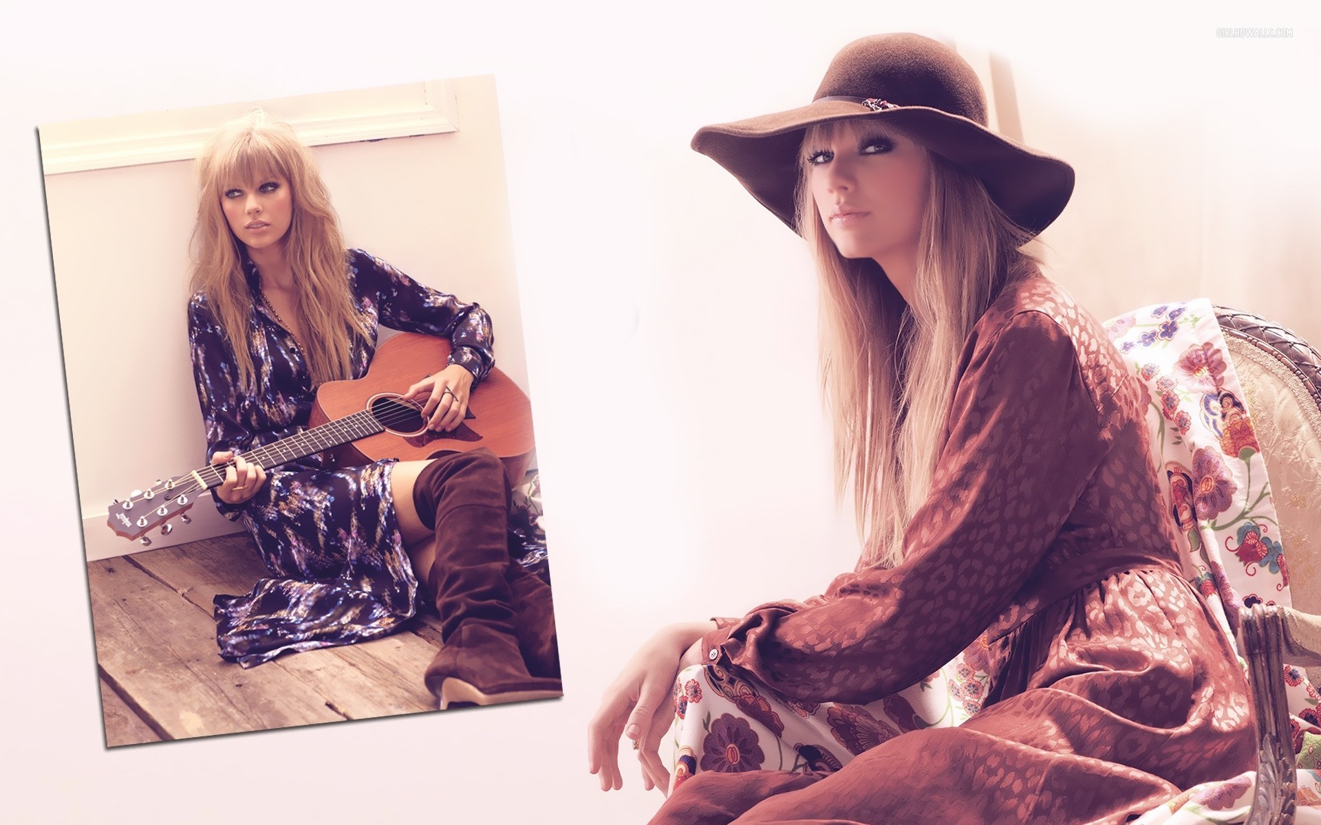 Taylor Swift with guitar and in a hat HD Wallpaper