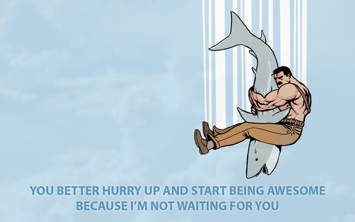 Man wrestling a shark with motivational text HD Wallpaper